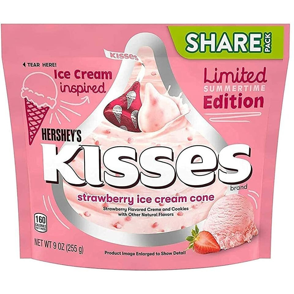 Hershey's Kisses Strawberry Ice Cream Cone Candy Share Bag Limited Summertime Edition (9 Oz), Pack Of 3