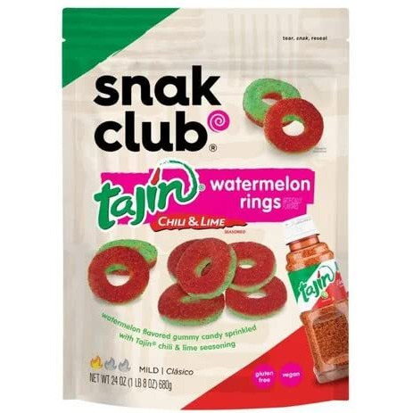 Snak Club Tajin Watermelon Rings Chili & Lime Seasoned Gummy Candy Snack, Jumbo Pack 24Oz (680G), Mild / Clasico, Vegan & Gluten Free Gummies