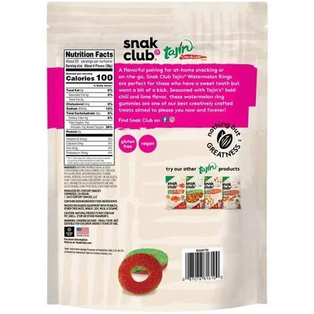 Snak Club Tajin Watermelon Rings Chili & Lime Seasoned Gummy Candy Snack, Jumbo Pack 24Oz (680G), Mild / Clasico, Vegan & Gluten Free Gummies
