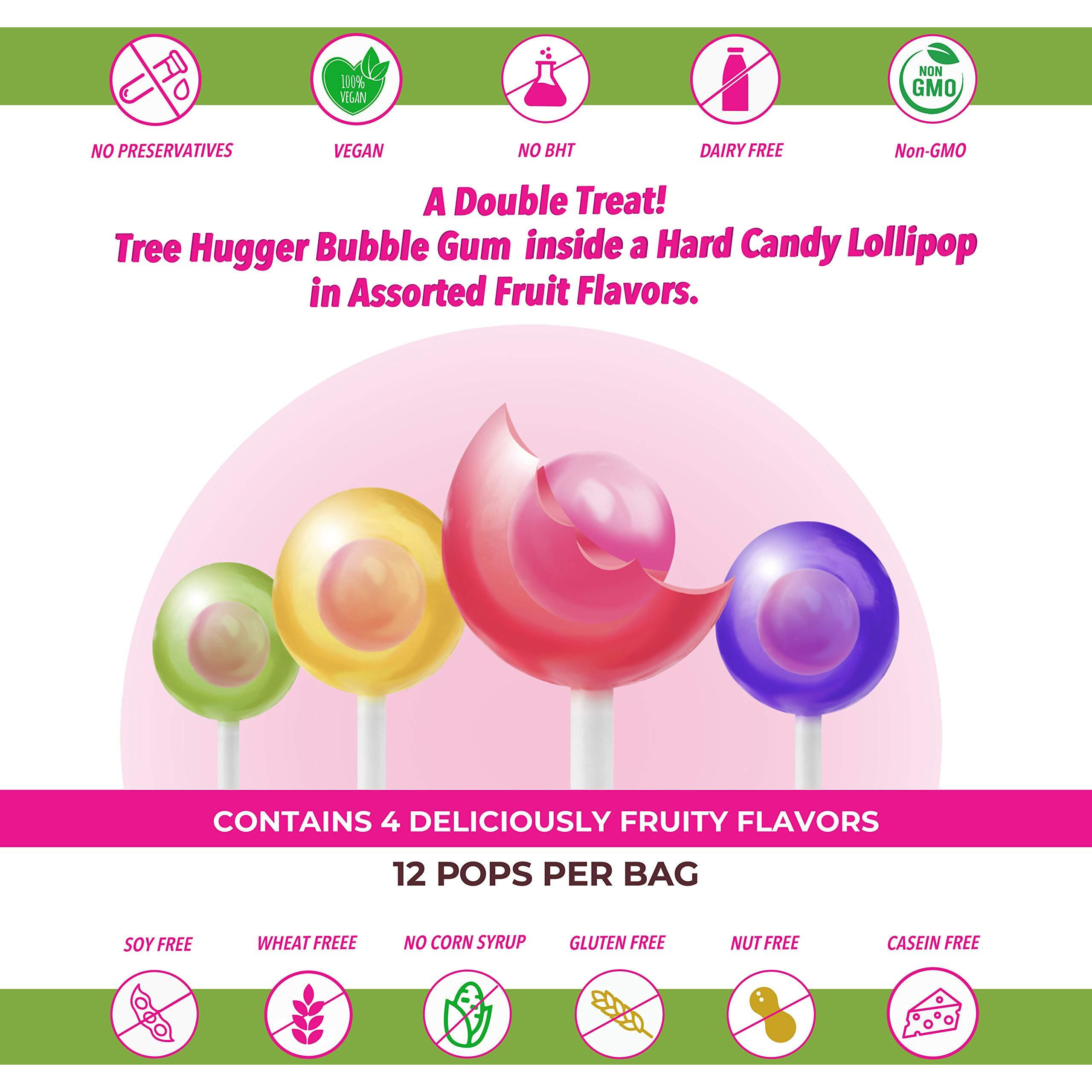 Tree Hugger Bubble Gum Filled Pops In Stand Up Resealable Bags, 6 Bags (12 Pops Per Bag).