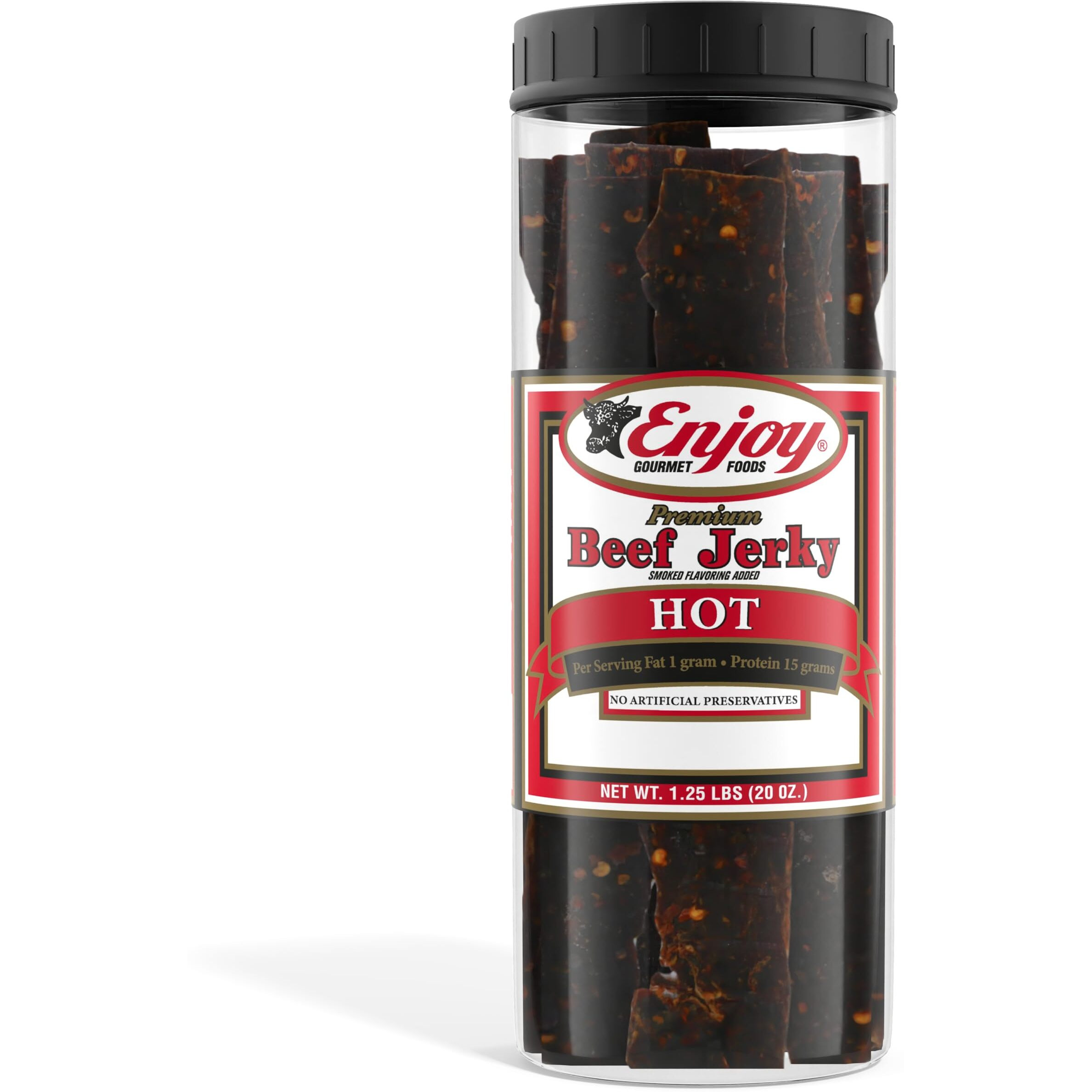 Enjoy Beef Jerky Hot | 20 Oz (Pack Of 1) | 32 Count | Traditional Style | Usa Made | High Protein | Low Fat | Zero Trans Fat | No Preservatives | No Msg | No Nitrites | Resealable Jar
