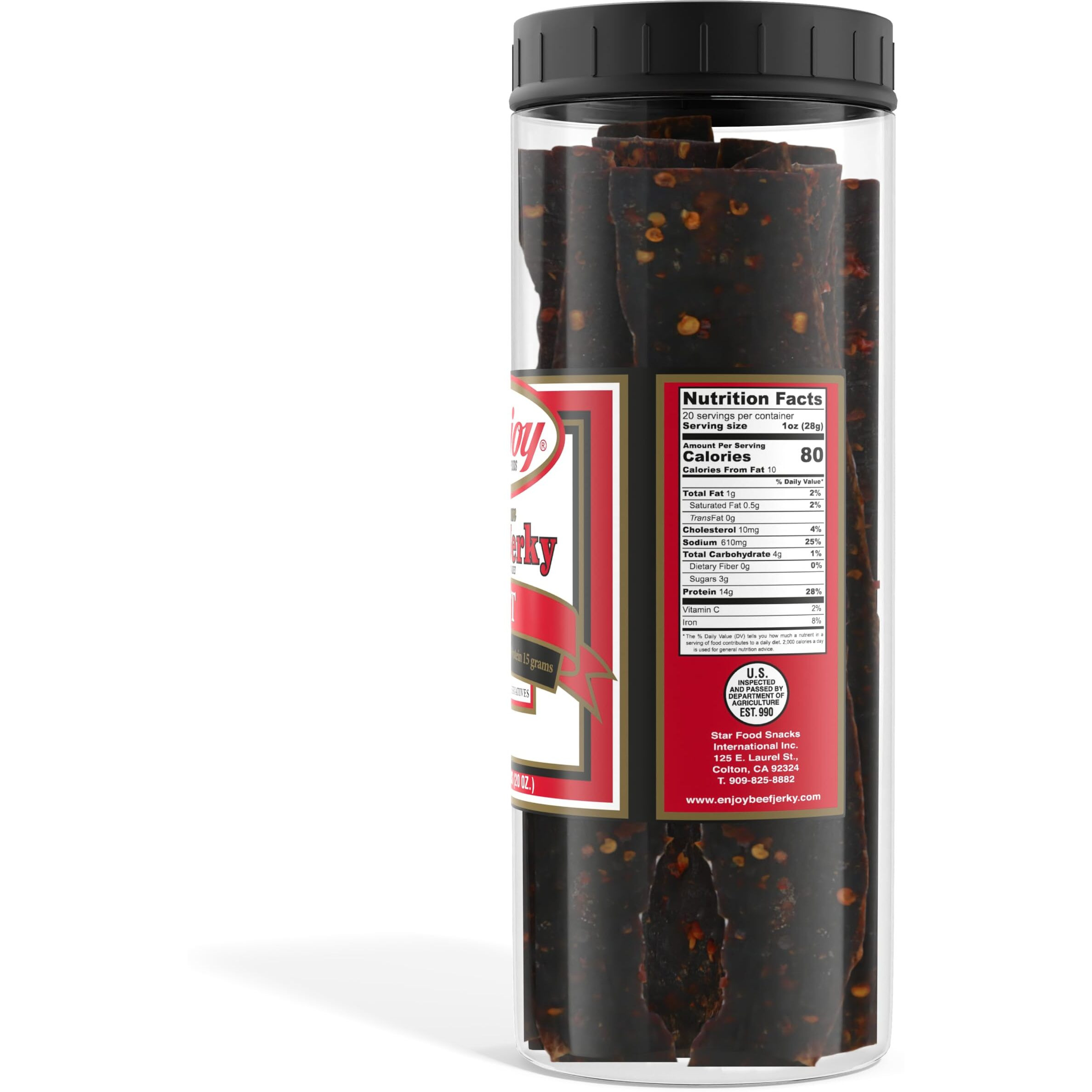 Enjoy Beef Jerky Hot | 20 Oz (Pack Of 1) | 32 Count | Traditional Style | Usa Made | High Protein | Low Fat | Zero Trans Fat | No Preservatives | No Msg | No Nitrites | Resealable Jar