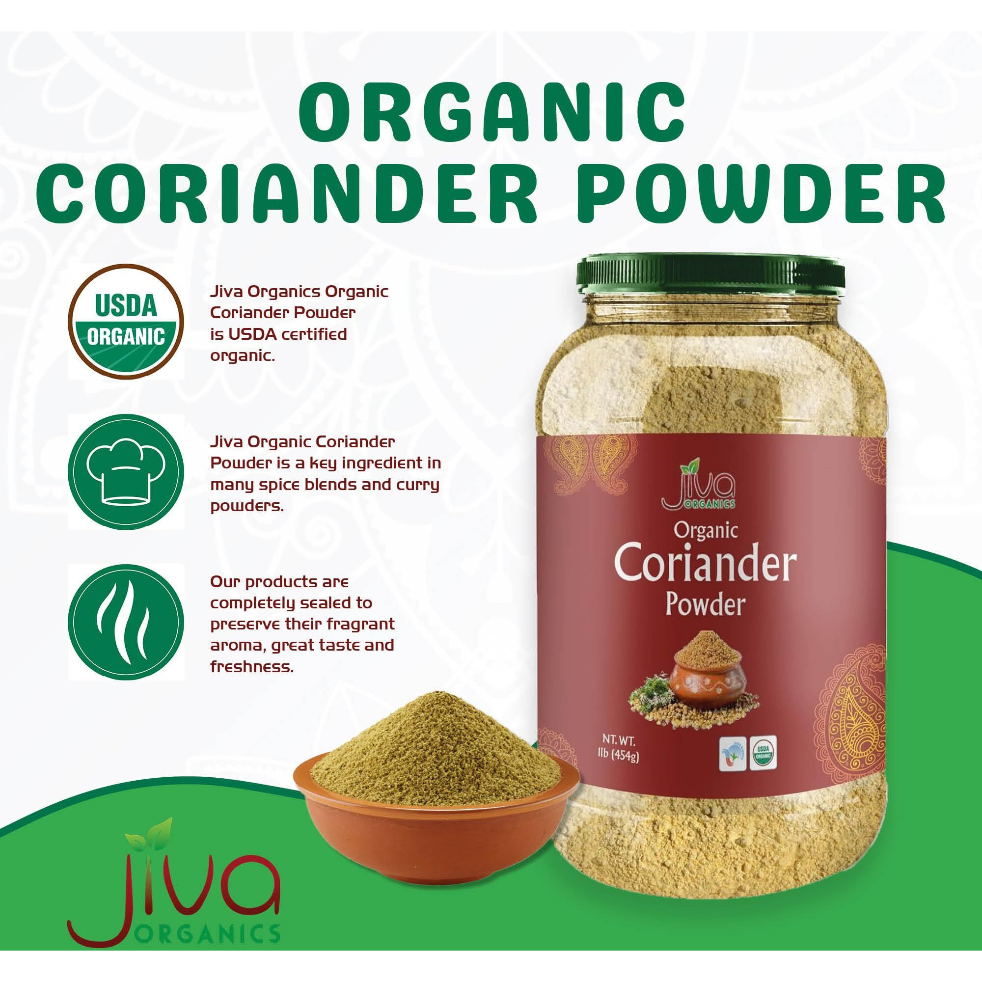Jiva Organic Coriander Powder 1 Pound Large Jar (16Oz) - Pure, Non-Gmo, Lab Tested, 100% Raw Ground Coriander From India