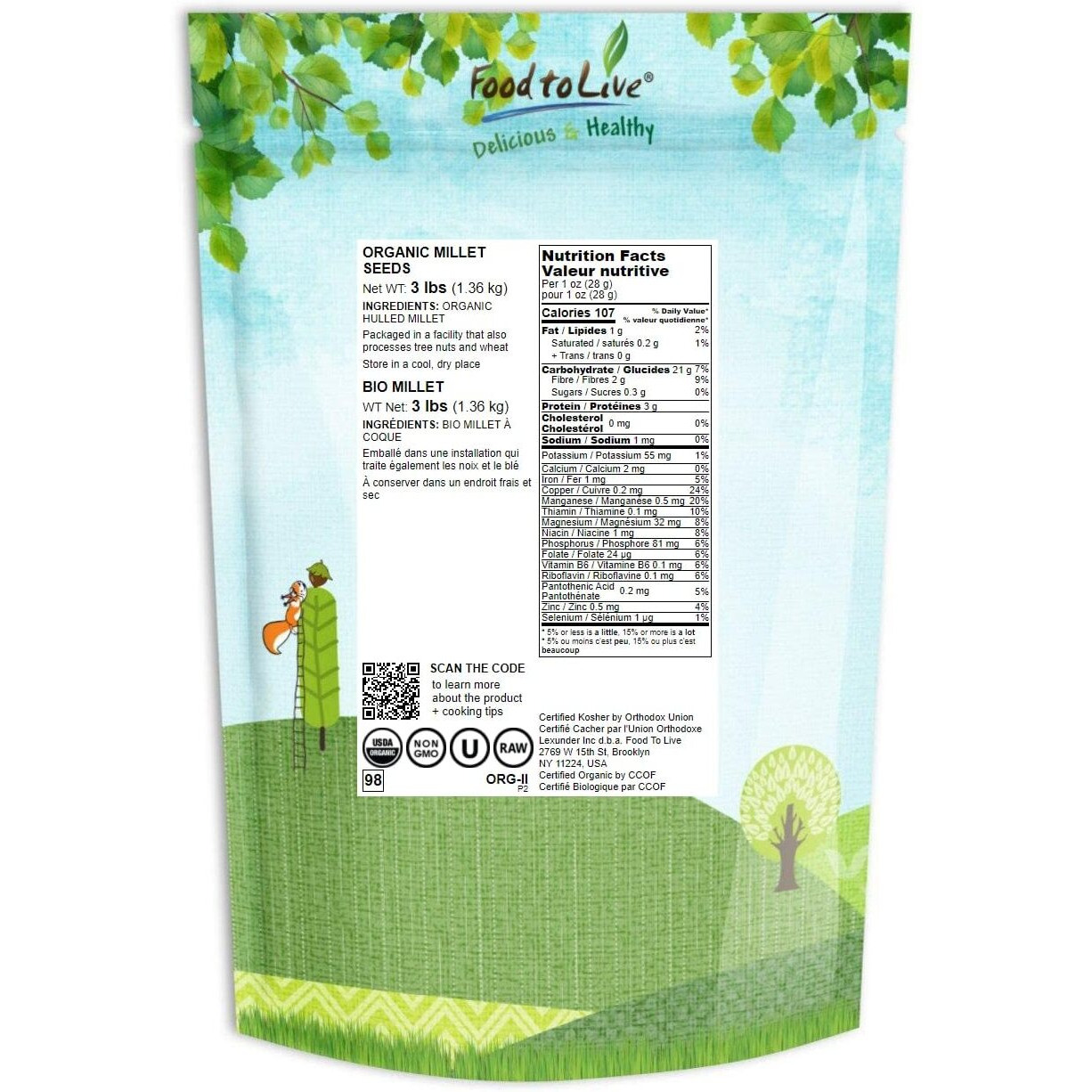 Food To Live Organic Hulled Millet, 3 Pounds - Whole Grain Seeds, Non-Gmo, Kosher, Raw, Bulk, Product Of The Usa