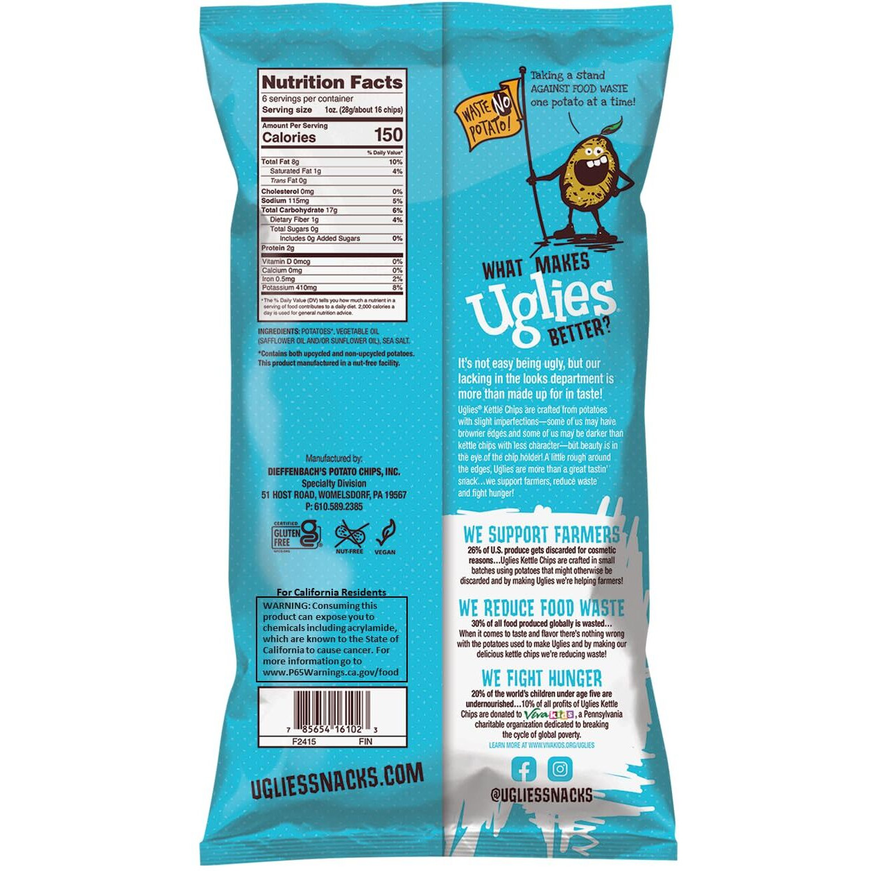 Uglies Kettle-Cooked Potato Chips, Gluten-Free Snacks, Kosher-Friendly Chips, Non-Gmo Snacks For Kids Or Office, Lunch Snacks, Individual Snack Packs, Sea Salt Potato Chips, 6 Oz. Each, Pack Of 4