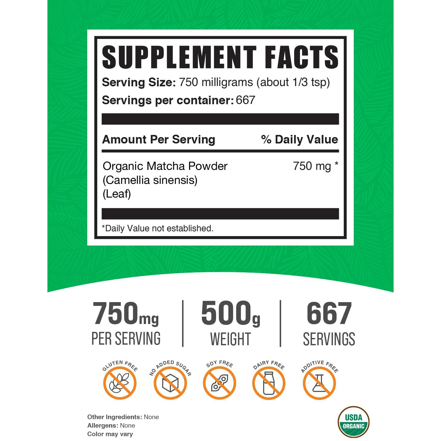 Bulksupplements.Com Organic Matcha Powder - Matcha Powder For Latte, Culinary Grade Matcha - Organic & Gluten Free, 750Mg Per Serving, 500G (1.1 Lbs) (Pack Of 1)