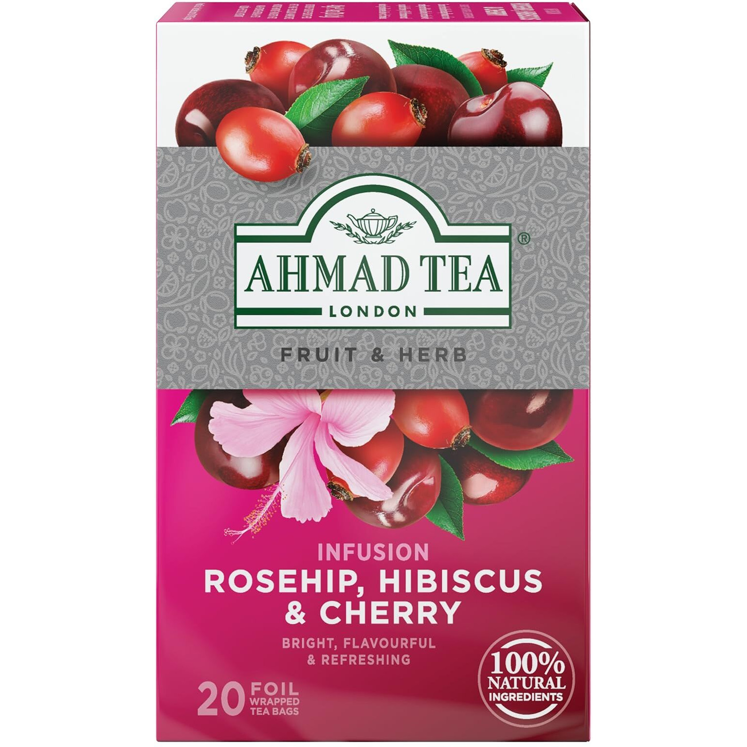 Ahmad Tea Rosehip & Cherry Infusion, 20-Count Tea Bags, Rosehip, Hibiscus & Cherry , 1.4 Oz, (Pack Of 6)