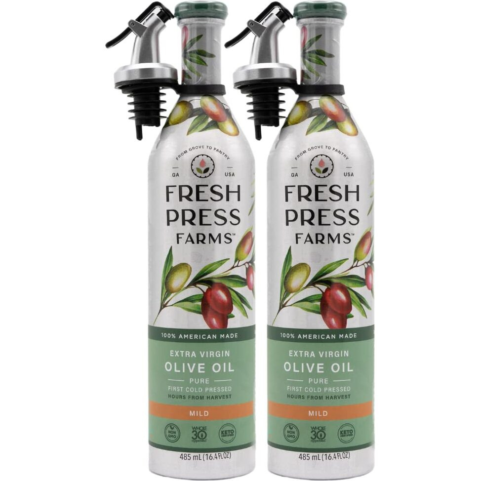 Fresh Press Farms Cold Pressed Mild Extra Virgin Olive Oil, 16.4 Fl Oz (Pack Of 2), Georgia Grown, 100% American Made, Unrefined, Certified Whole30, Non-Gmo, Keto, Paleo, Gluten Free