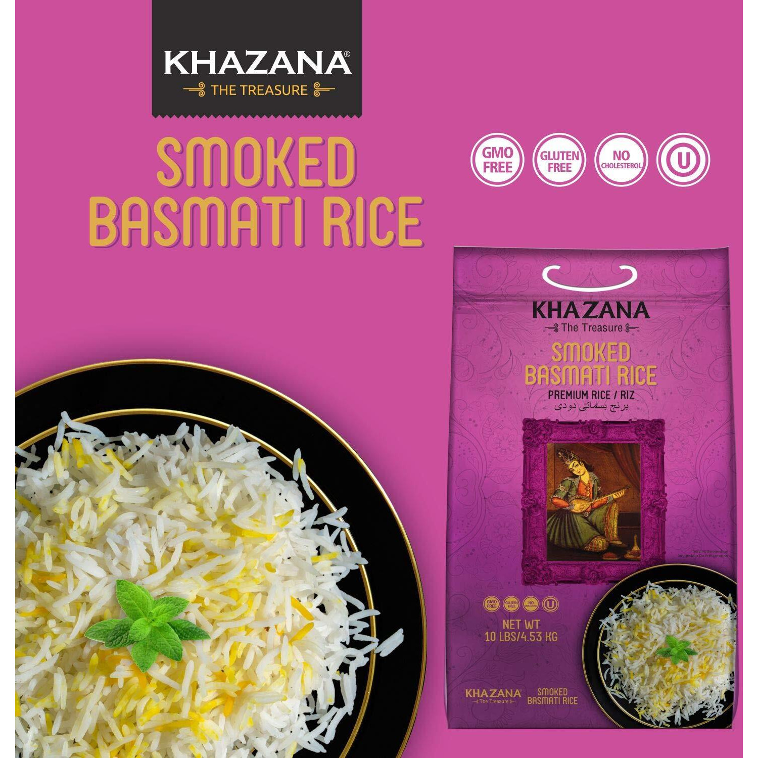 Authentic Smoked Basmati Rice By Khazana In 10 Lb Bag - Aromatic And Flavorful Indian Grain - Non-Gmo, Gluten Free, Kosher, Cholesterol Free