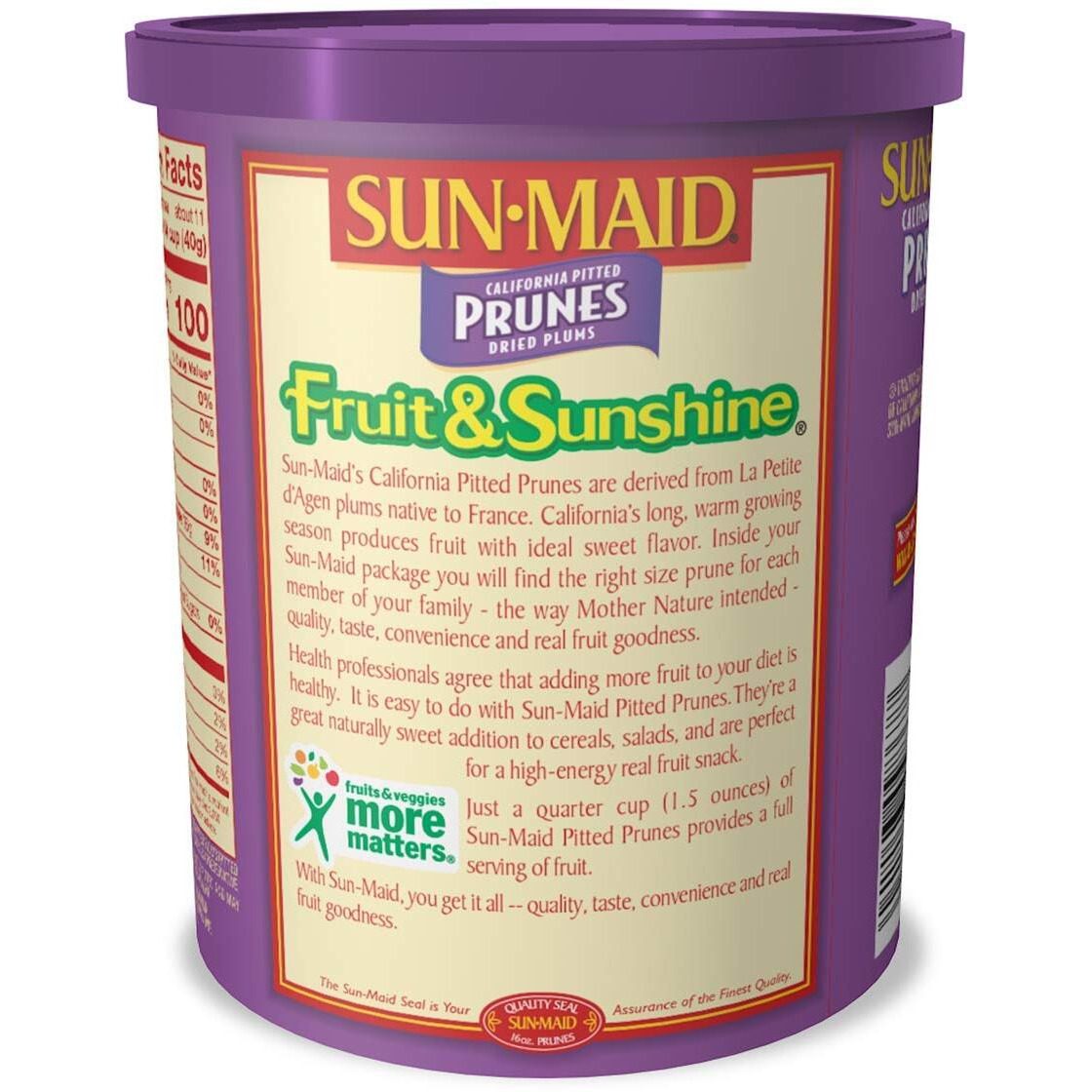 Sun-Maid California Sun-Dried Whole Pitted Prunes - 16 Oz Canister - Dried Plums - Dried Fruit Snack For Lunches, Snacks, And Natural Sweeteners