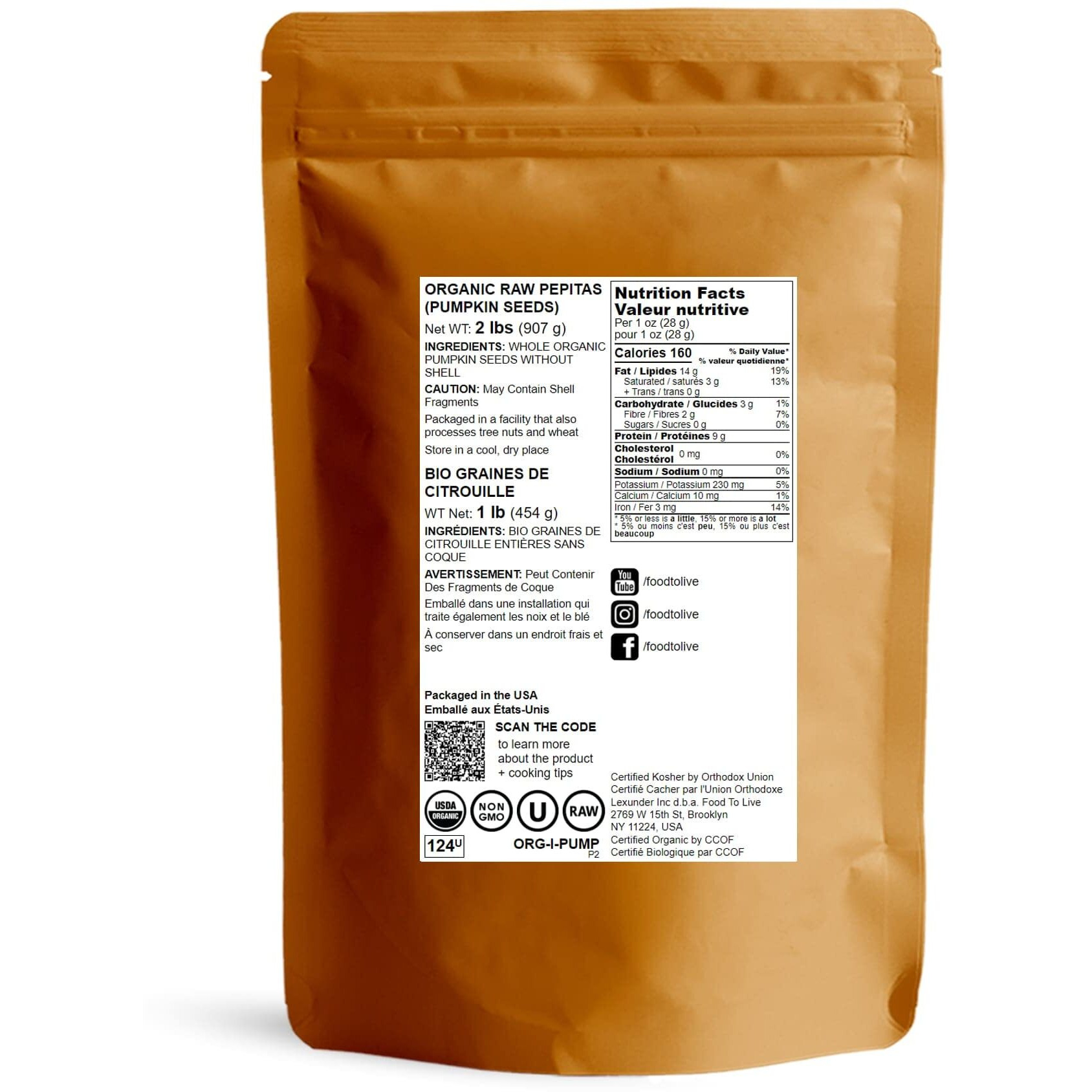 Food To Live Organic Raw Pepitas, 2 Pounds - Non-Gmo, Pumpkin Seed Kernels, Unsalted, No Oil, No Shell, Vegan, Kosher, Bulk. Keto Snack. High In Protein, Essential Fatty Acids. Great For Baking