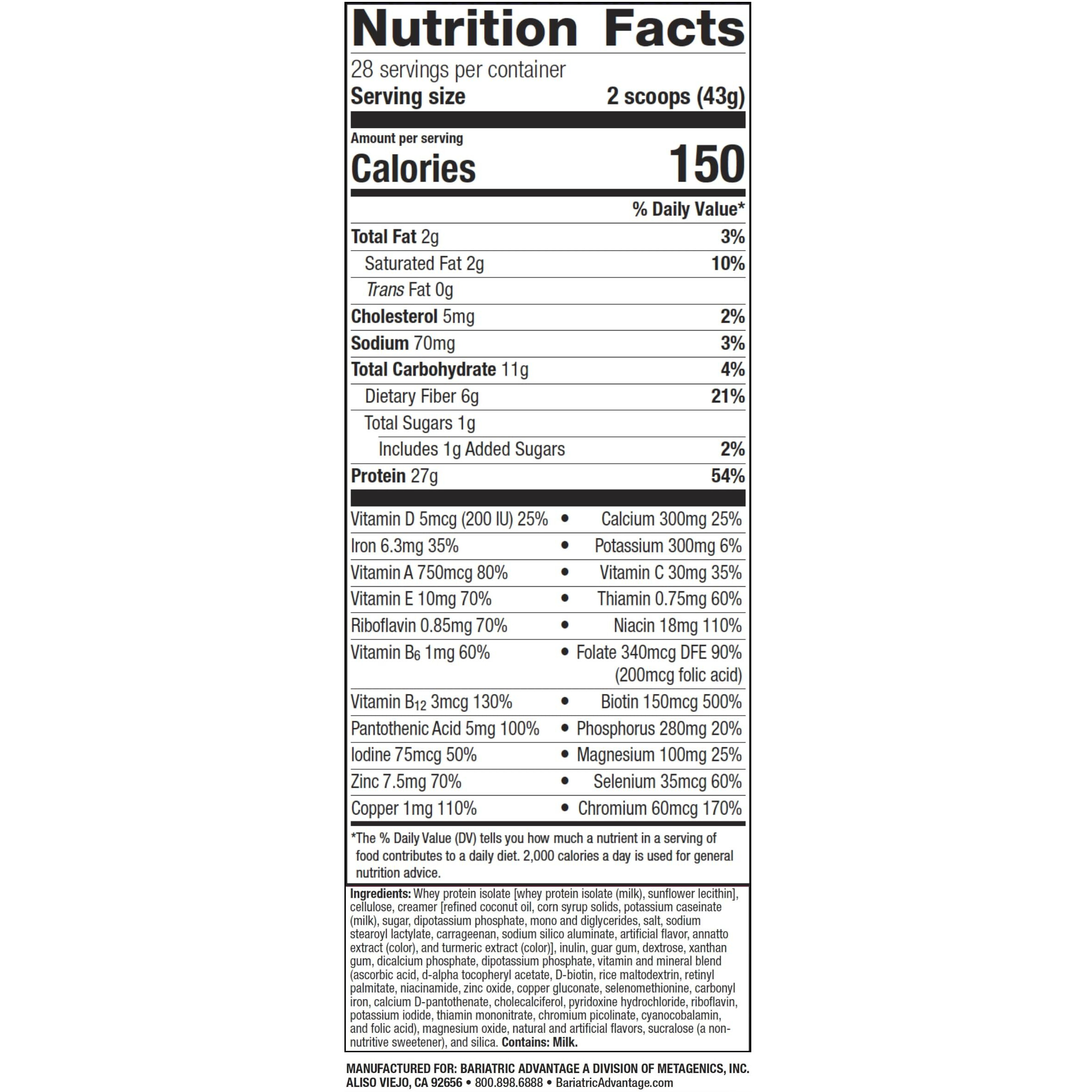 Bariatric Advantage High Protein Meal Replacement Drink Mix, Protein Powder Whey Isolate For Gastric Bypass And Sleeve Gastrectomy Patients, 27G Protein, Lactose Free - Creme - 28 Servings