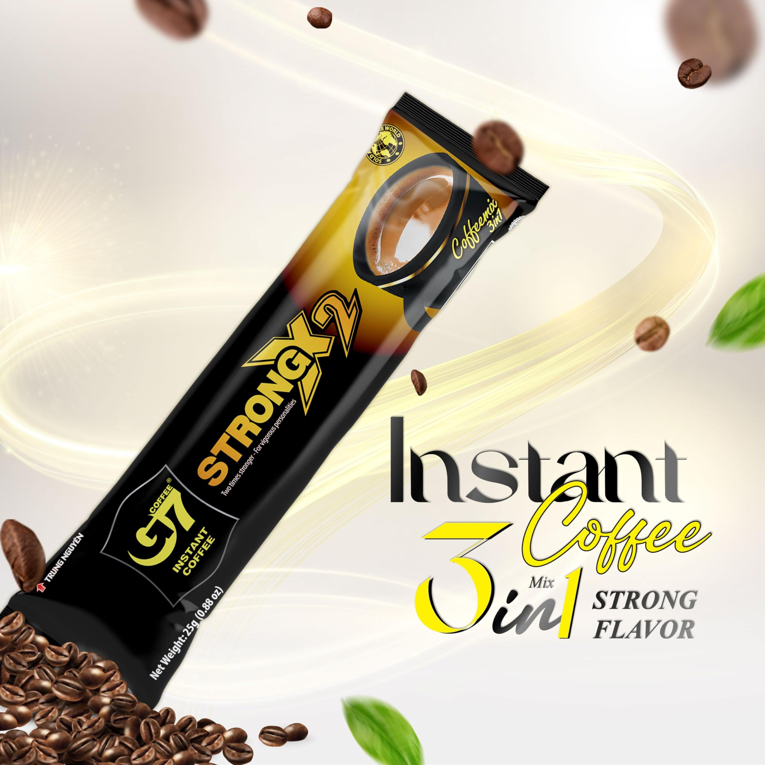 Trung Nguyen G7 3-In-1 Strong X2 Instant Coffee For Energy Boost - Roasted Ground Coffee Blend With Non-Dairy Creamer And Sugar - Strong And Pure Vietnamese Instant Coffee (24 Sticks/Bag)