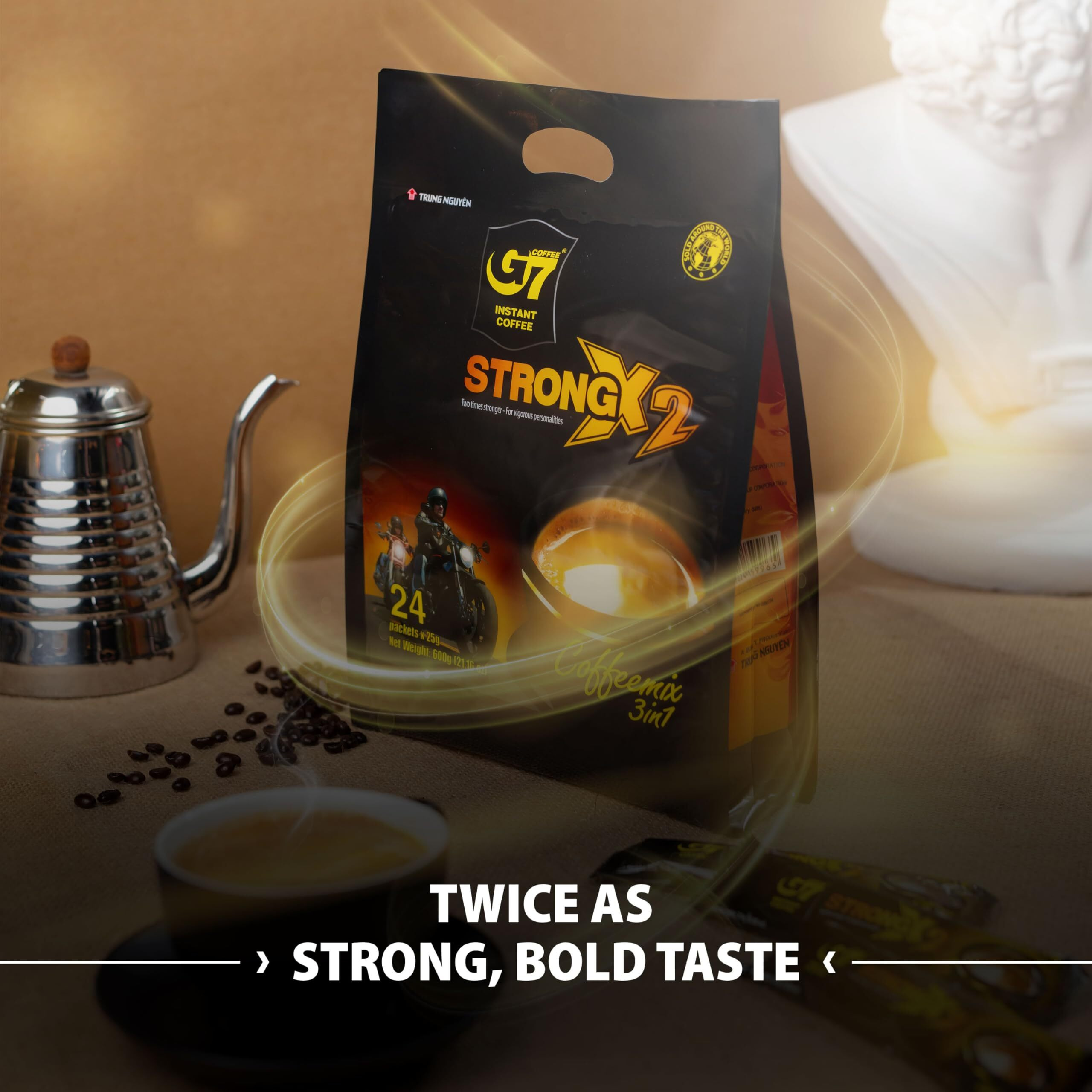 Trung Nguyen G7 3-In-1 Strong X2 Instant Coffee For Energy Boost - Roasted Ground Coffee Blend With Non-Dairy Creamer And Sugar - Strong And Pure Vietnamese Instant Coffee (24 Sticks/Bag)