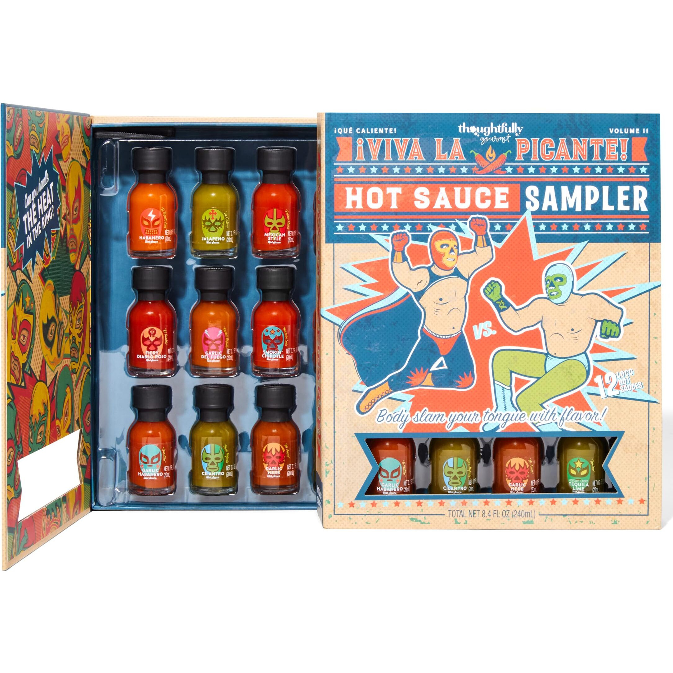 Thoughtfully Gourmet, Luchador Hot Sauce Book Gift Set, Flavors Include Smoky Bourbon, Habanero, Garlic Del Fuego & More, Hot Sauce Sampler, Set Of 12