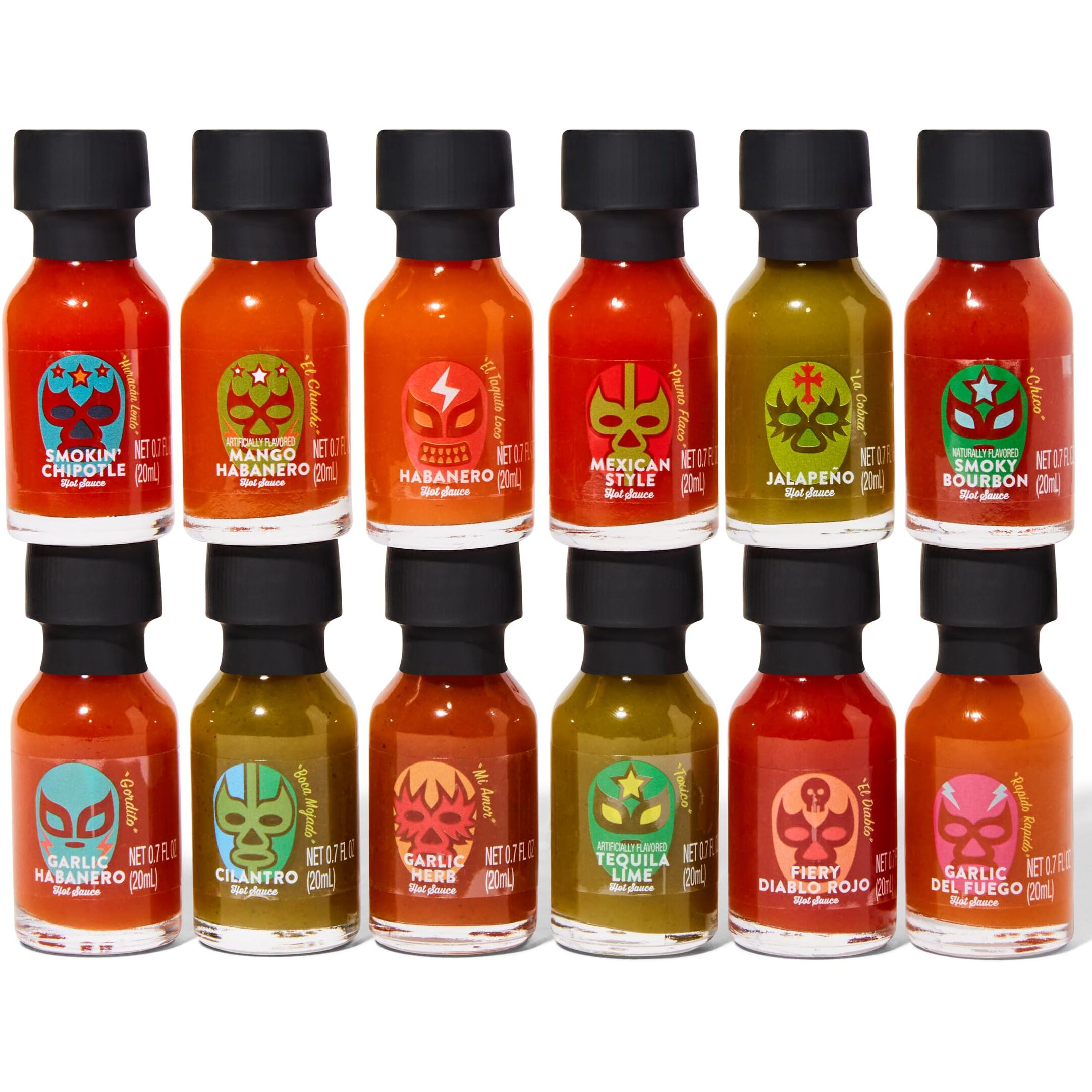 Thoughtfully Gourmet, Luchador Hot Sauce Book Gift Set, Flavors Include Smoky Bourbon, Habanero, Garlic Del Fuego & More, Hot Sauce Sampler, Set Of 12