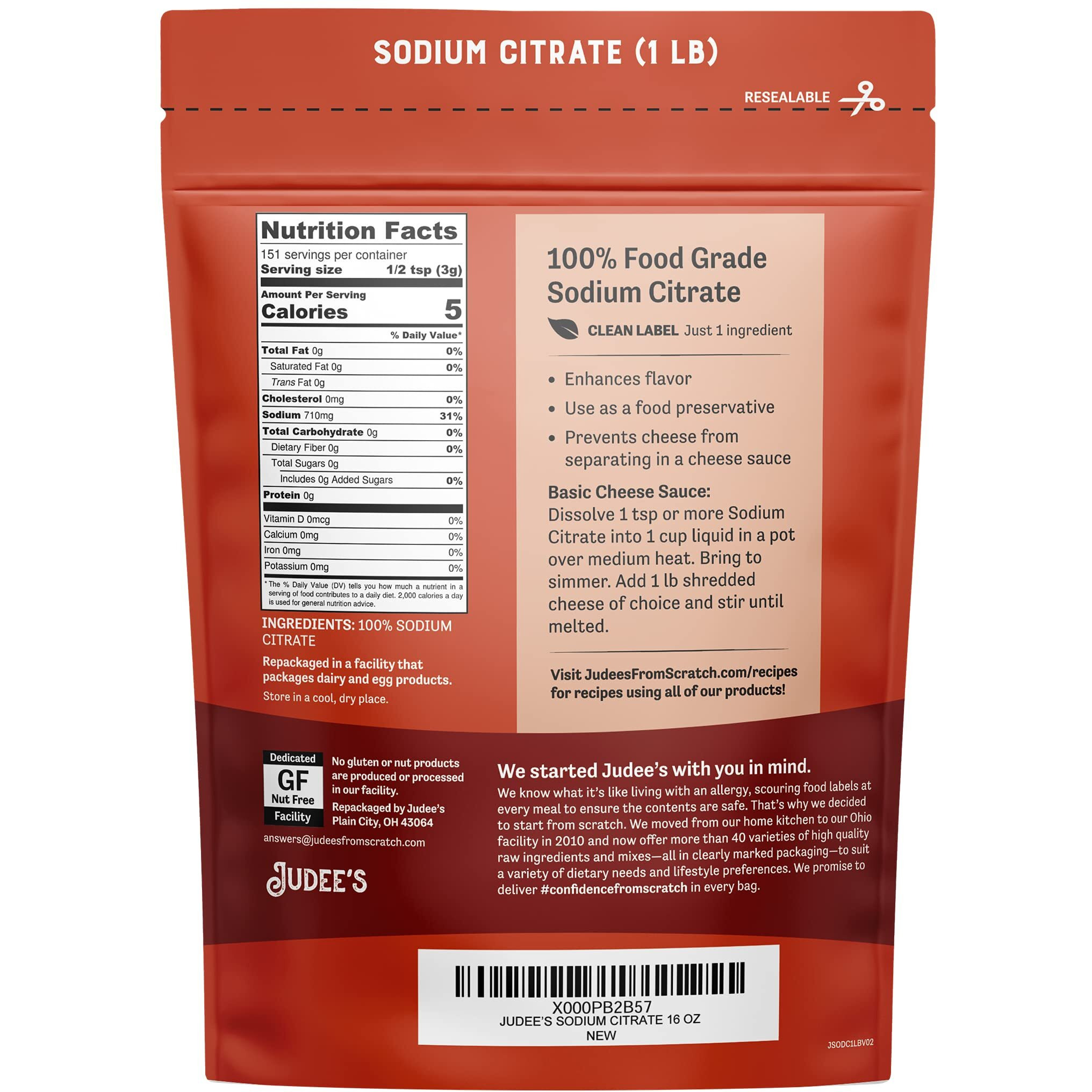 Judees Sodium Citrate - 1Lb (16Oz) Resealable Pouch | 100% Non-Gmo, Keto-Friendly, Gluten-Free & Nut-Free | Food Grade | Great For Molecular Gastronomy Cooking