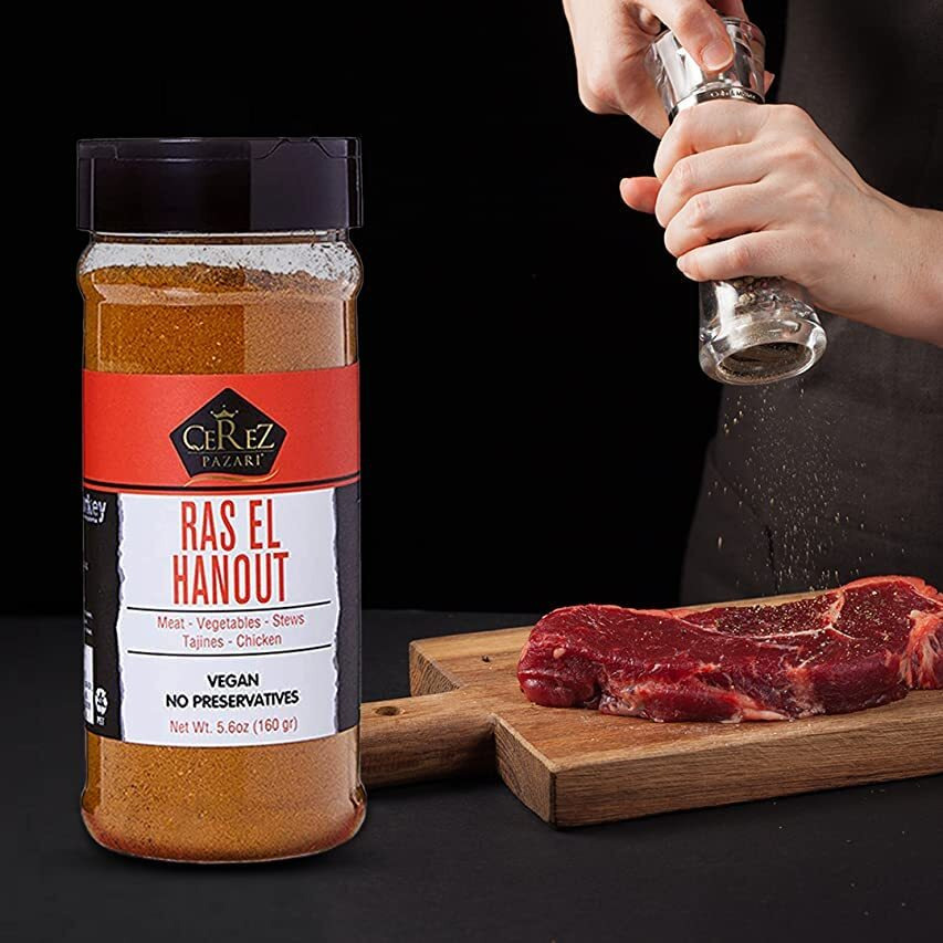 Cerez Pazari Ras El Hanout Meat Seasoning 5.6Oz-160G, Moroccan Meat Spice Blend Premium Grade,%100 Natural, Freshly Packed, Non-Gmo, Gluten Free, No Preservatives
