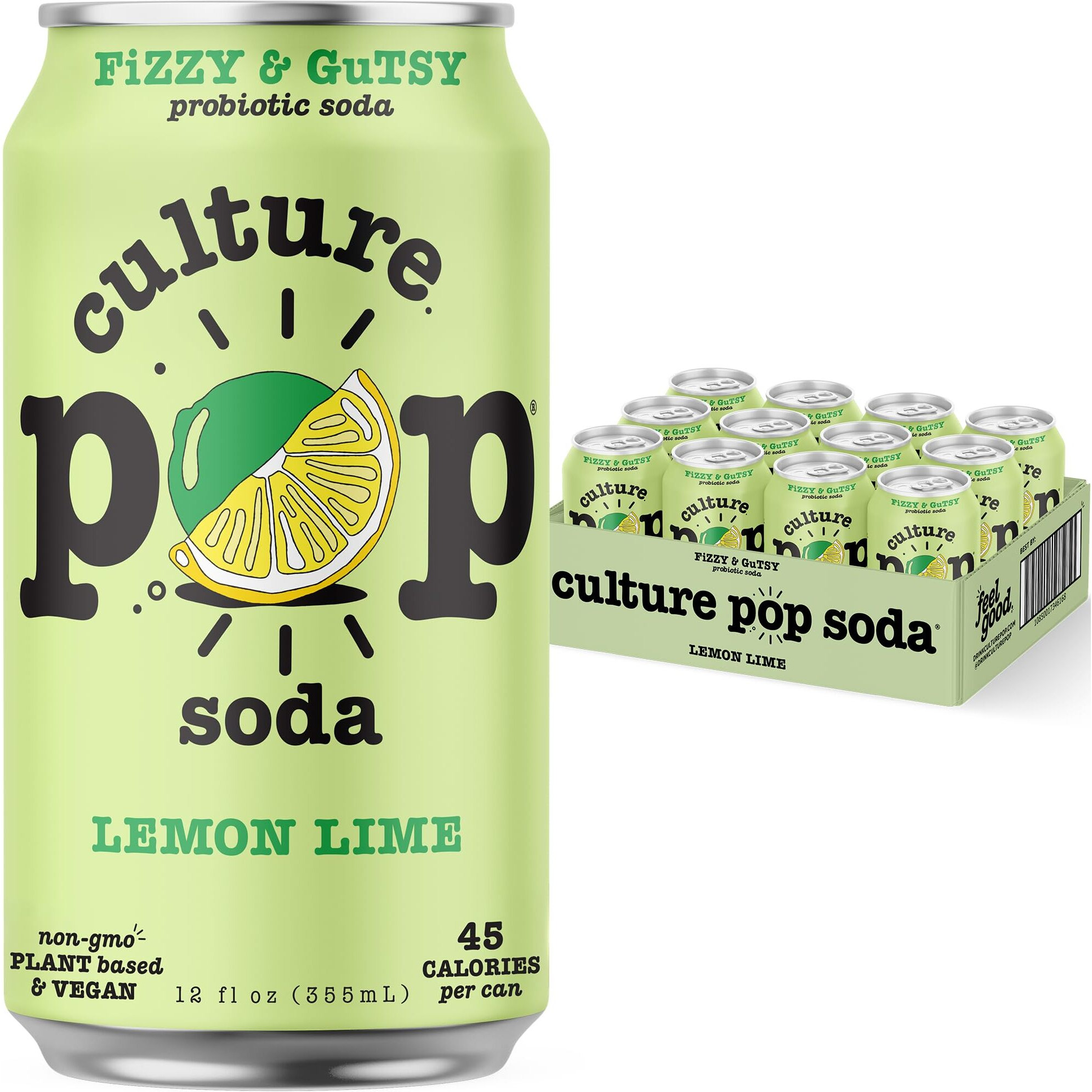 Culture Pop Soda Sparkling Probiotic Drink, Vegan Soda For Gut Health, Non-Gmo, Gf, No Added Sugar, 12 Pack, 12 Fl Oz Cans, Lemon Lime