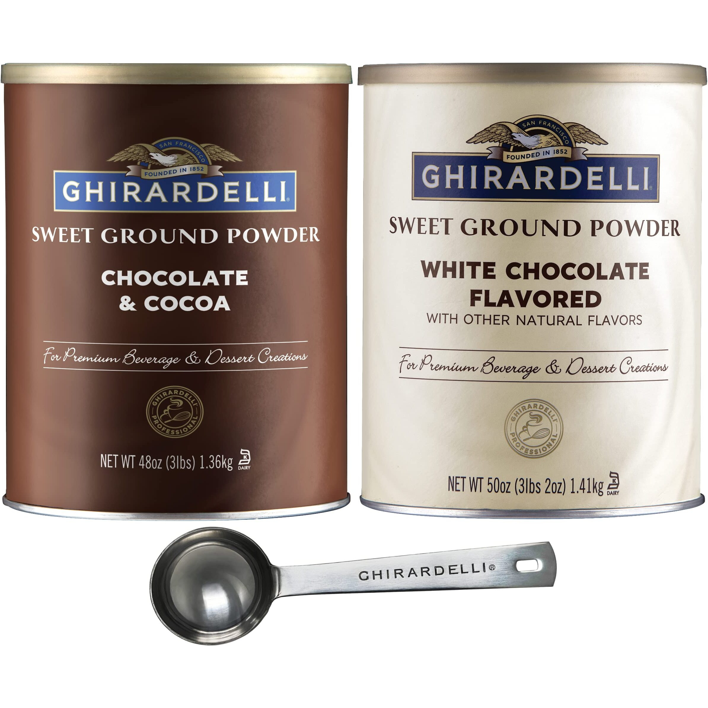 Ghirardelli - Sweet Ground Chocolate & Cocoa Gourmet Powder 3 Lbs & Sweet Ground White Chocolate Gourmet Flavored Powder 3.12 Lb With Ghirardelli Stamped Barista Spoon