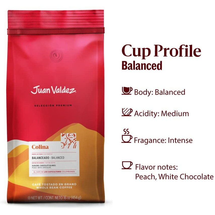 Juan Valdez Colina Whole Bean Coffee, Balanced Roast 16 Oz - Premium Colombian Coffee - Unique Caracolito    Beans Produce A Coffee Of Balanced Flavor And Mild Texture