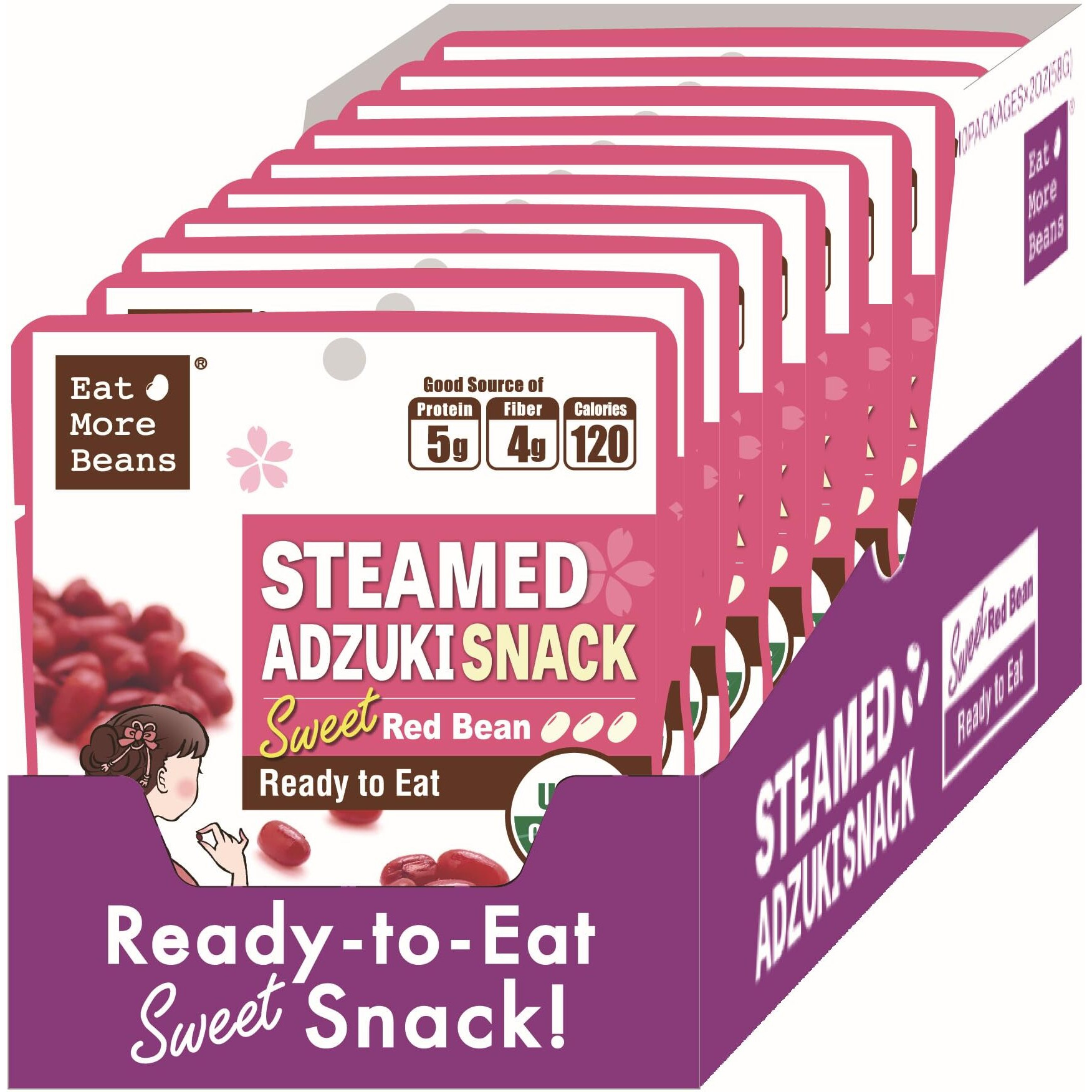 Eat More BeansSteamed Adzuki Snack -Sweet Red Bean, Steamed Bean, Organic Adzuki Beans, Healthy Usda Certified, Vegan, Keto Snacks, Non-Gmo (2Oz, 10Packs)