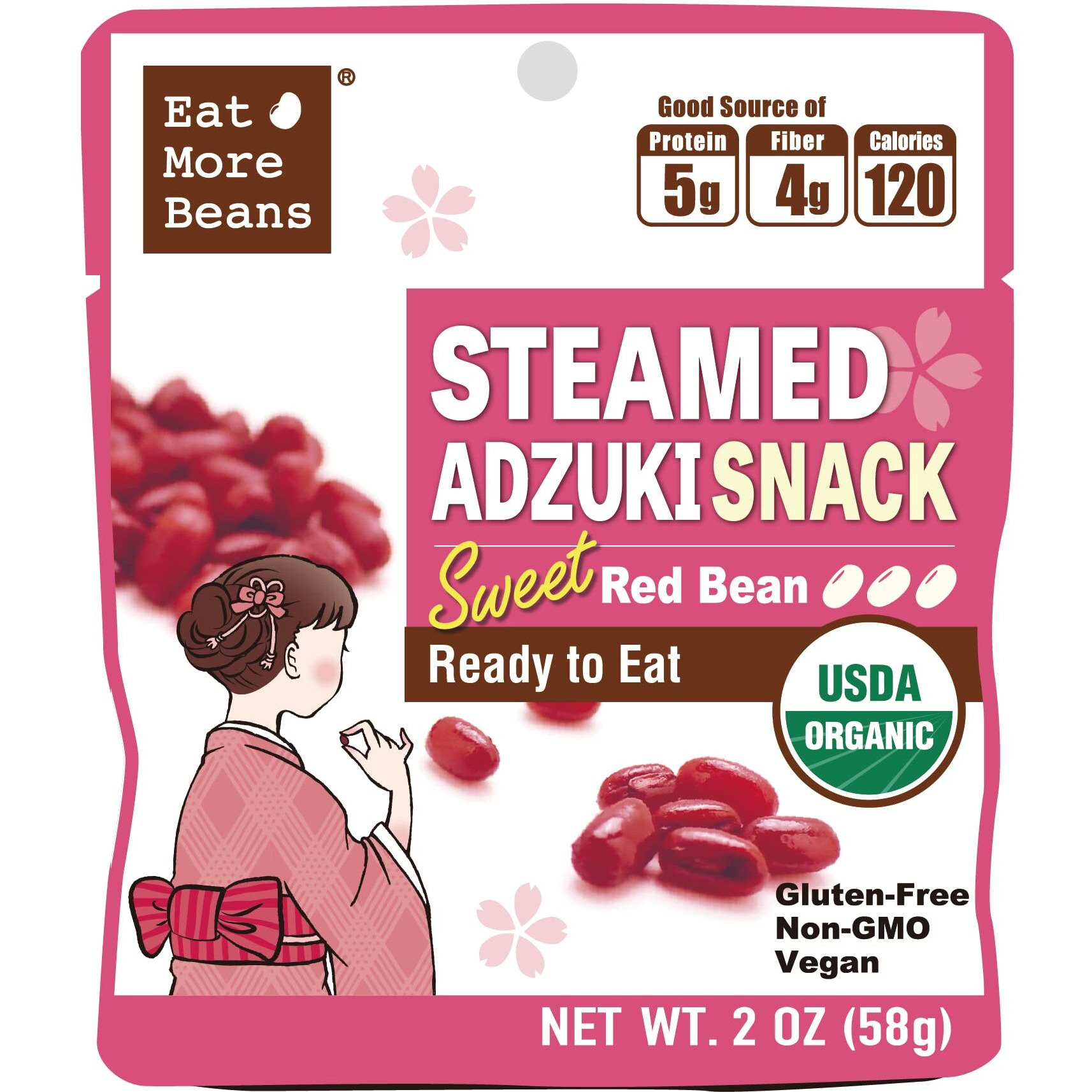 Eat More BeansSteamed Adzuki Snack -Sweet Red Bean, Steamed Bean, Organic Adzuki Beans, Healthy Usda Certified, Vegan, Keto Snacks, Non-Gmo (2Oz, 10Packs)