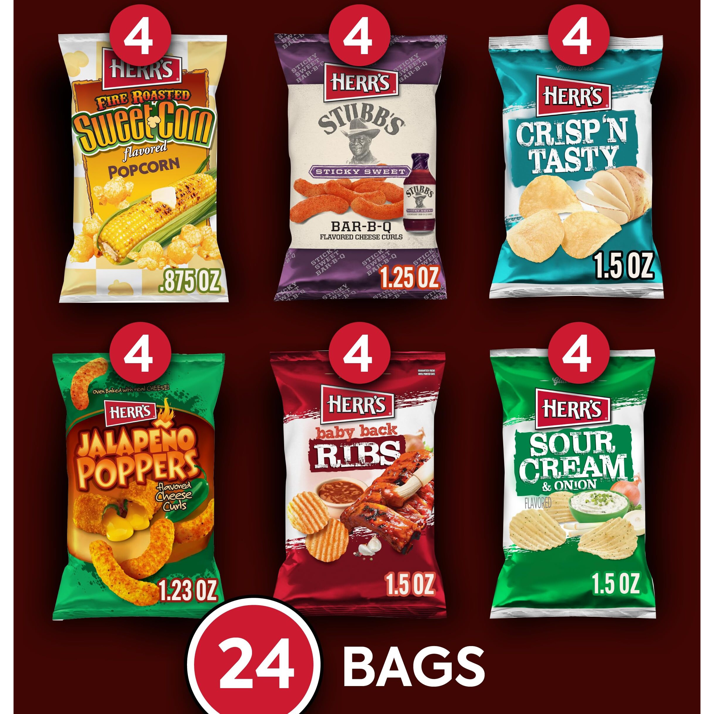 Herr's Variety Pack, Assorted Snacks, 0.625-1.5 Ounce (Pack Of 24 Bags)