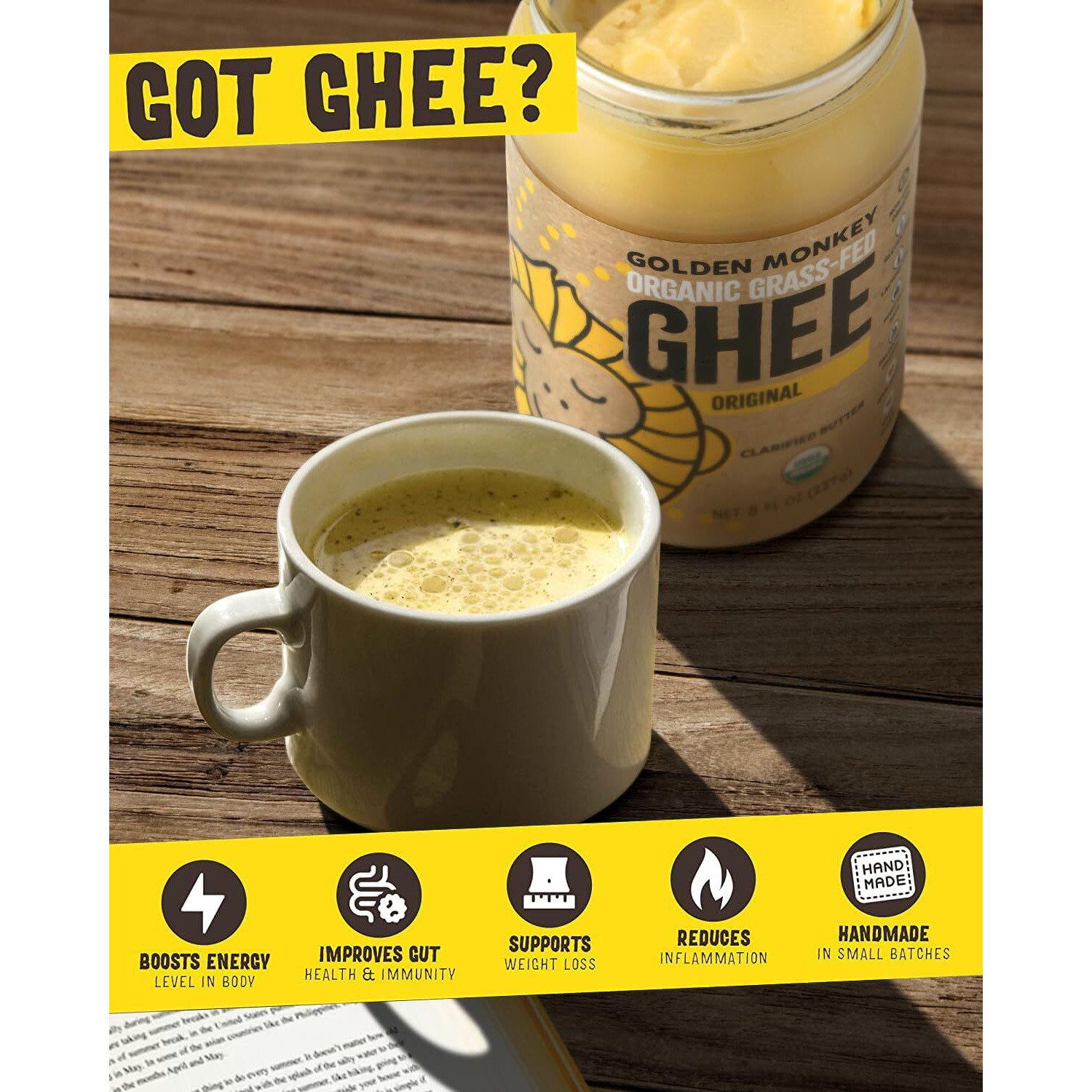 Golden Monkey Grass Fed Ghee Clarified Butter For Energy, Gut, And Immune Health Support - Organic Ghee Butter For Spread, Cooking, Baking, And Sauteing (8Oz)