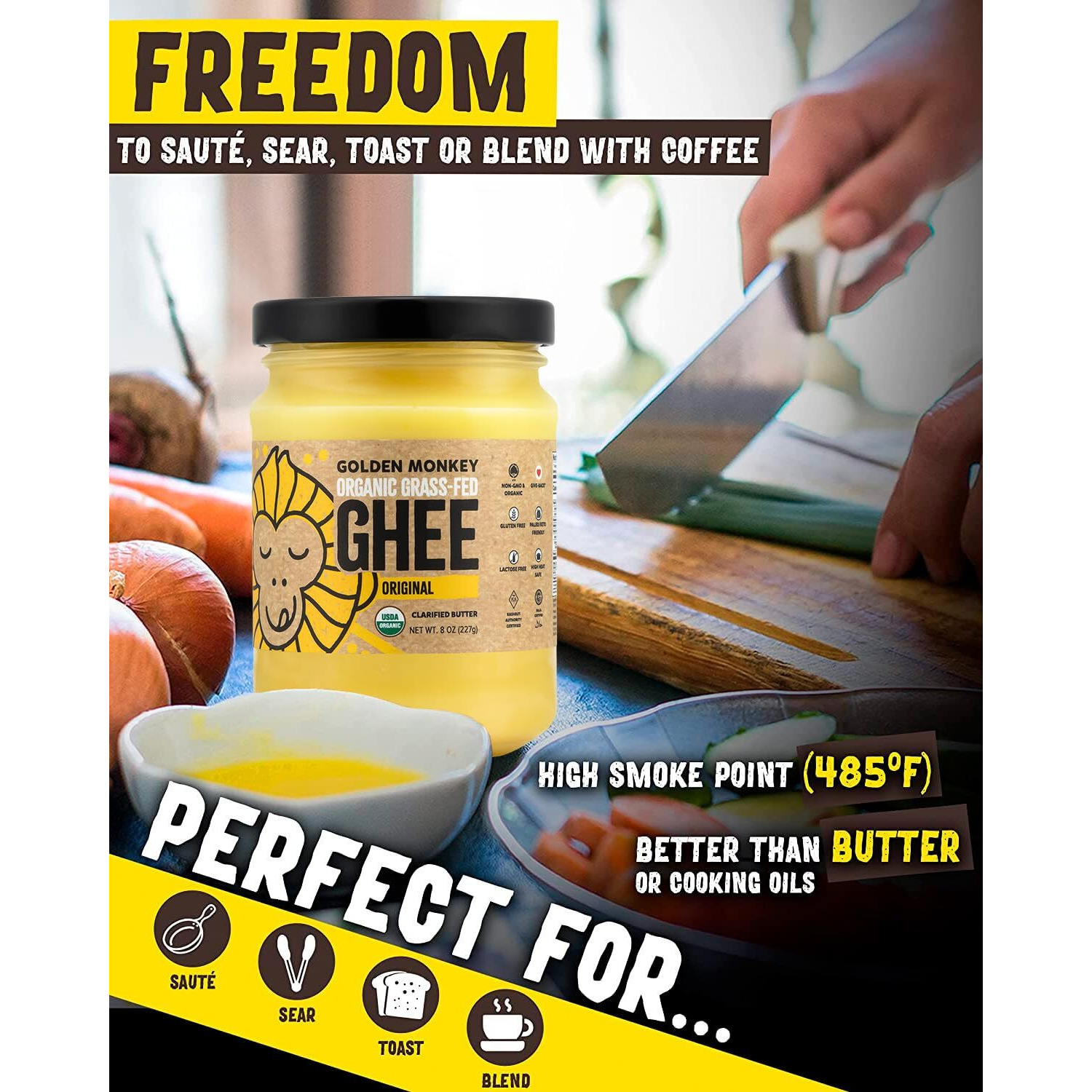Golden Monkey Grass Fed Ghee Clarified Butter For Energy, Gut, And Immune Health Support - Organic Ghee Butter For Spread, Cooking, Baking, And Sauteing (8Oz)