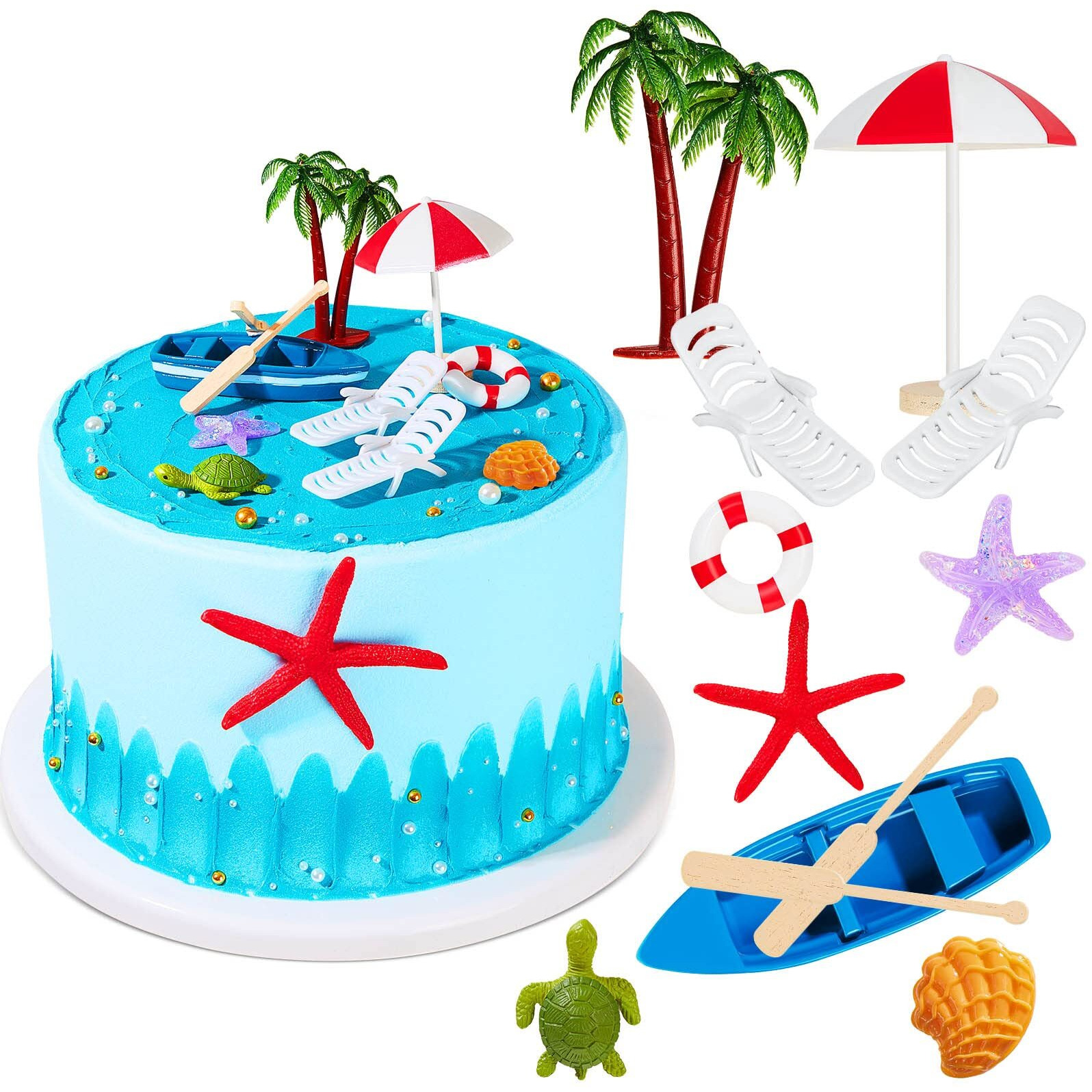 12 Pieces Hawaiian Beach Cake Decoration Summer Beach Chair And Umbrella Cake Toppers Green Palm Tree Cake Toppers For Hawaiian Theme Birthday Wedding Party Baby Shower Party Decoration Supplies