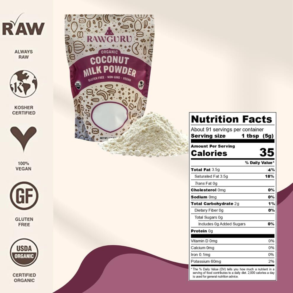 Rawguru Coconut Milk Powder - 16 Oz (Pack Of 2) - Usda Organic | Gluten Free | Non-Gmo | Vegan | Plant-Based Creamer