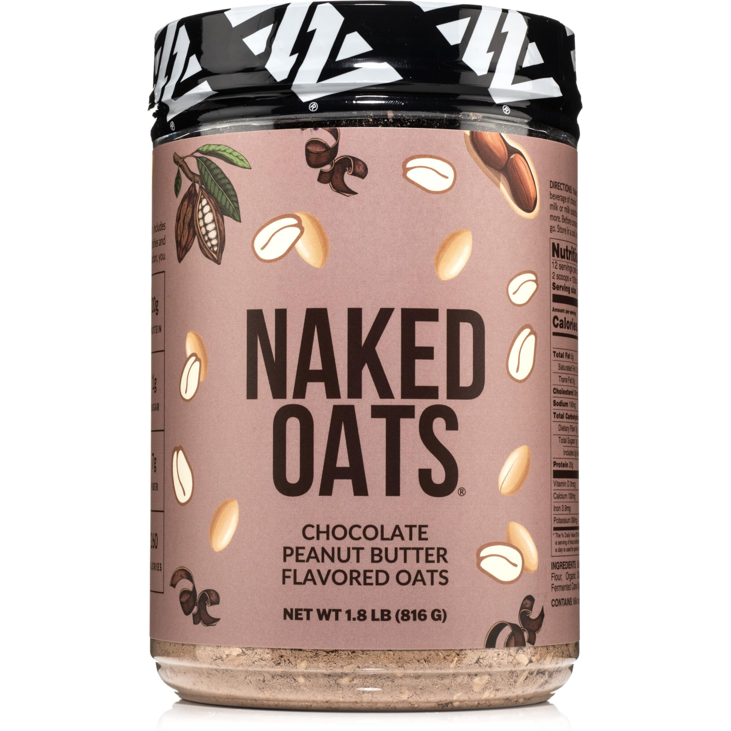 Naked Oats - Chocolate Pb Overnight Oats, 20G Grass-Fed Protein, Gluten-Free Oatmeal Instant Breakfast Or Shake, High Protein Oatmeal, High Fiber Breakfast Shake, Non Gmo, No Soy - 12 Servings