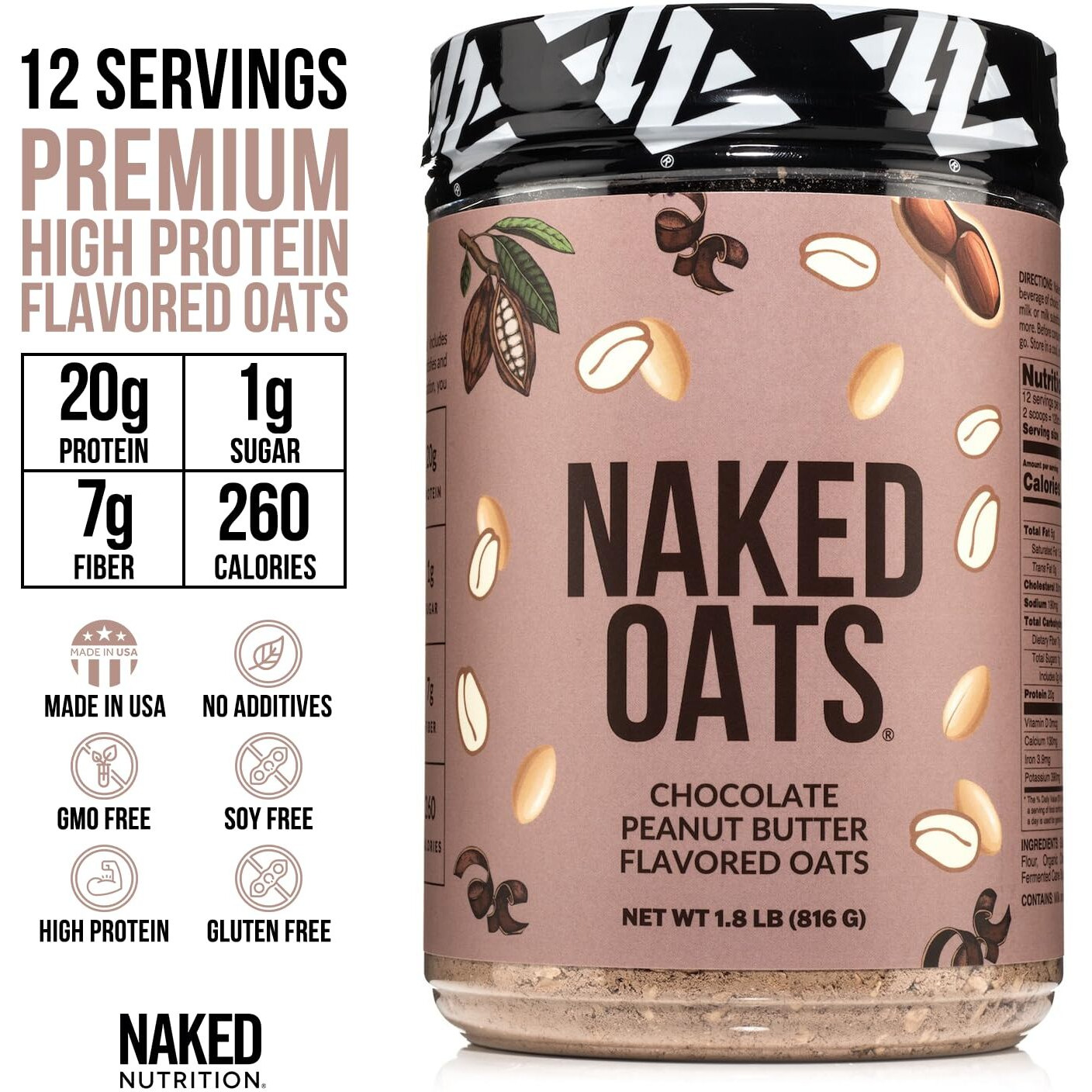Naked Oats - Chocolate Pb Overnight Oats, 20G Grass-Fed Protein, Gluten-Free Oatmeal Instant Breakfast Or Shake, High Protein Oatmeal, High Fiber Breakfast Shake, Non Gmo, No Soy - 12 Servings