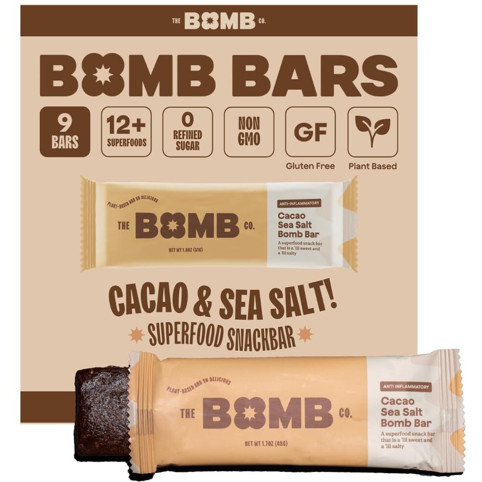 The Bomb Co. Blender Bomb Bar, Cacao Sea Salt, Superfood Snack Bar, Antioxidant Supplement, Almond Butter, Hemp Seeds, Chia Seeds, Flax Seeds, Vegan Chocolate Chips, Cacao Powder, Sea Salt, 9 Bars