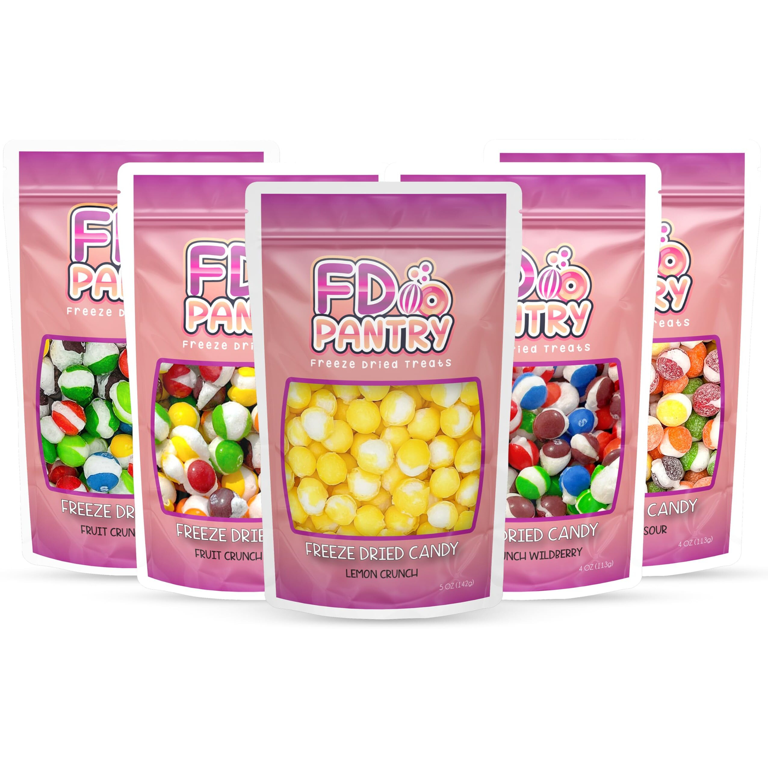 Freeze Dried Candy Variety Pack - Fruit Crunch 5 Pack, Fruit Crunch Original, Wildberry, Sour, Tropical, Lemon 4 Oz (5 Count) - Assortment Combo Bundle Pouch - Gift Bag