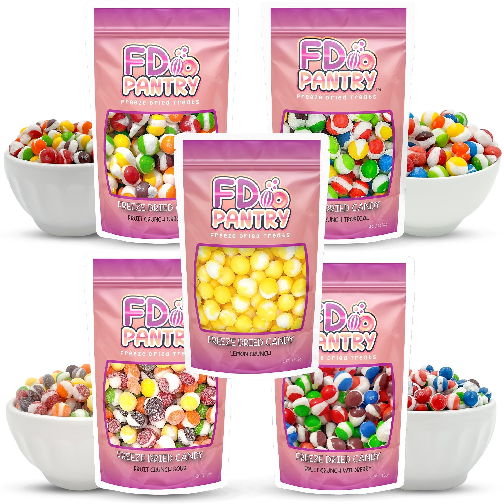 Freeze Dried Candy Variety Pack - Fruit Crunch 5 Pack, Fruit Crunch Original, Wildberry, Sour, Tropical, Lemon 4 Oz (5 Count) - Assortment Combo Bundle Pouch - Gift Bag