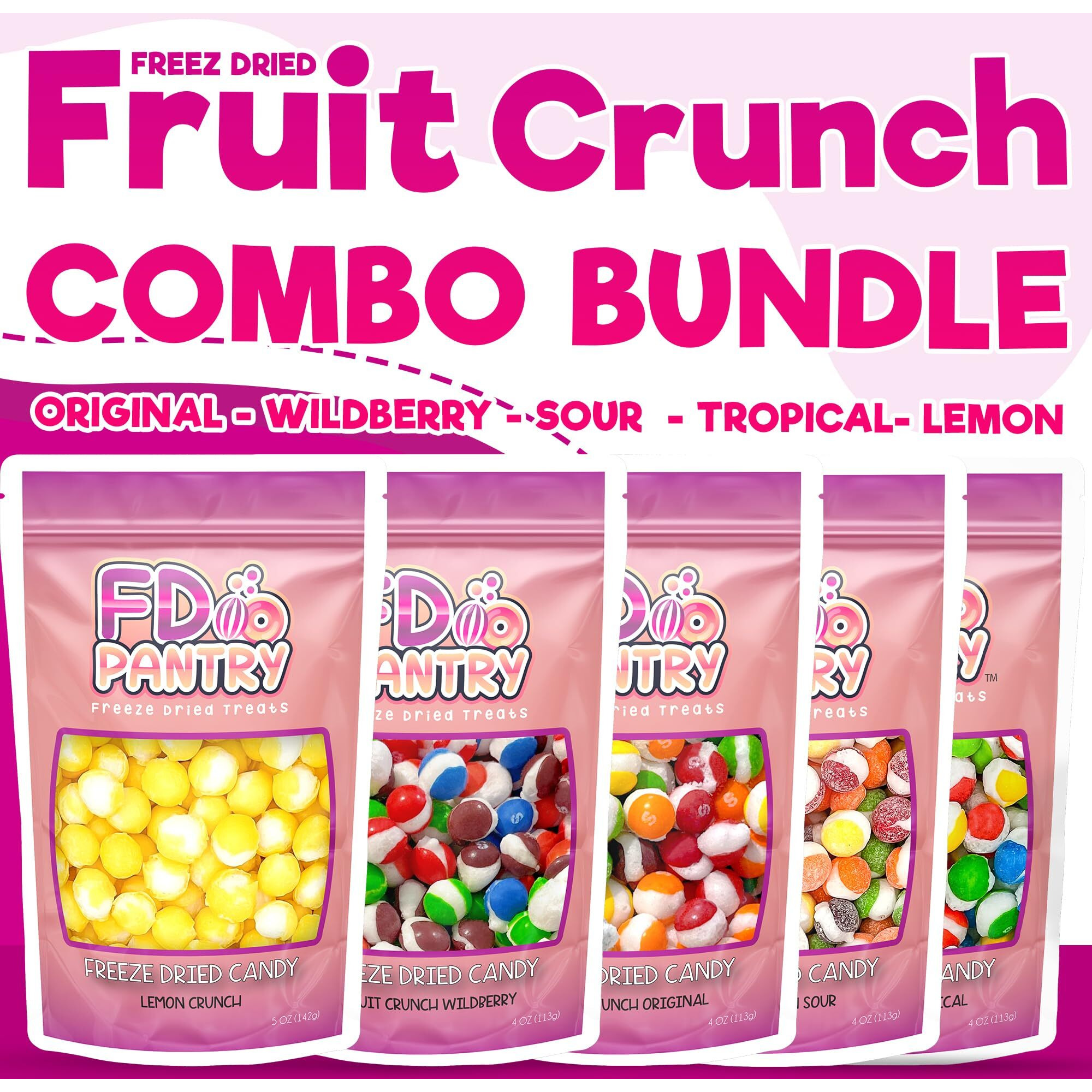 Freeze Dried Candy Variety Pack - Fruit Crunch 5 Pack, Fruit Crunch Original, Wildberry, Sour, Tropical, Lemon 4 Oz (5 Count) - Assortment Combo Bundle Pouch - Gift Bag