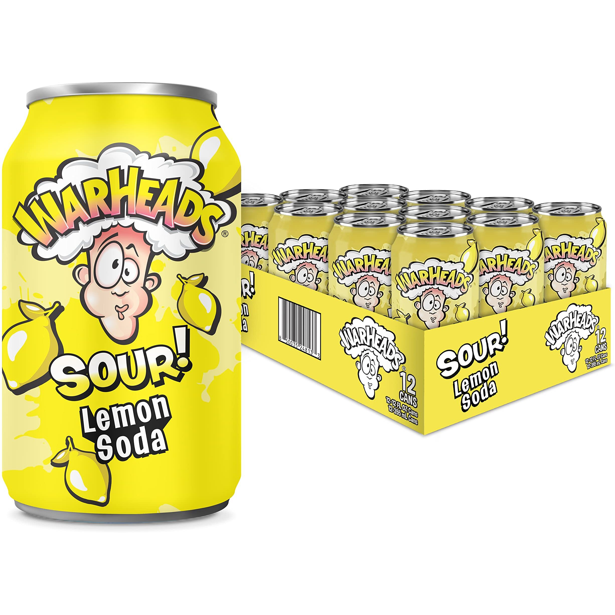 Sour Fruity Soda With Classic Warheads Flavors - Perfectly Balanced Sweet And Sour Soda - Warheads Candy Throwback Treat, Soda, Cocktail Mixer, Pack Of 12, 12Oz Cans (Lemon)