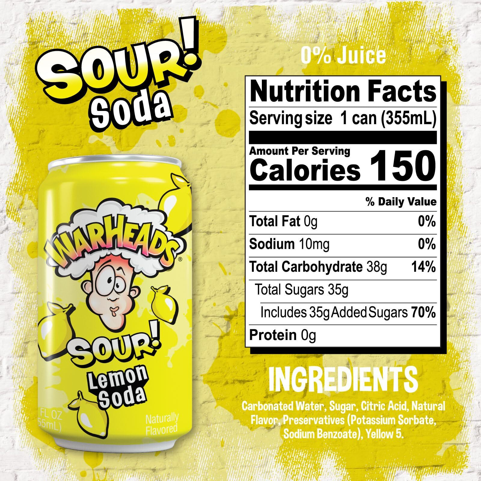 Sour Fruity Soda With Classic Warheads Flavors - Perfectly Balanced Sweet And Sour Soda - Warheads Candy Throwback Treat, Soda, Cocktail Mixer, Pack Of 12, 12Oz Cans (Lemon)