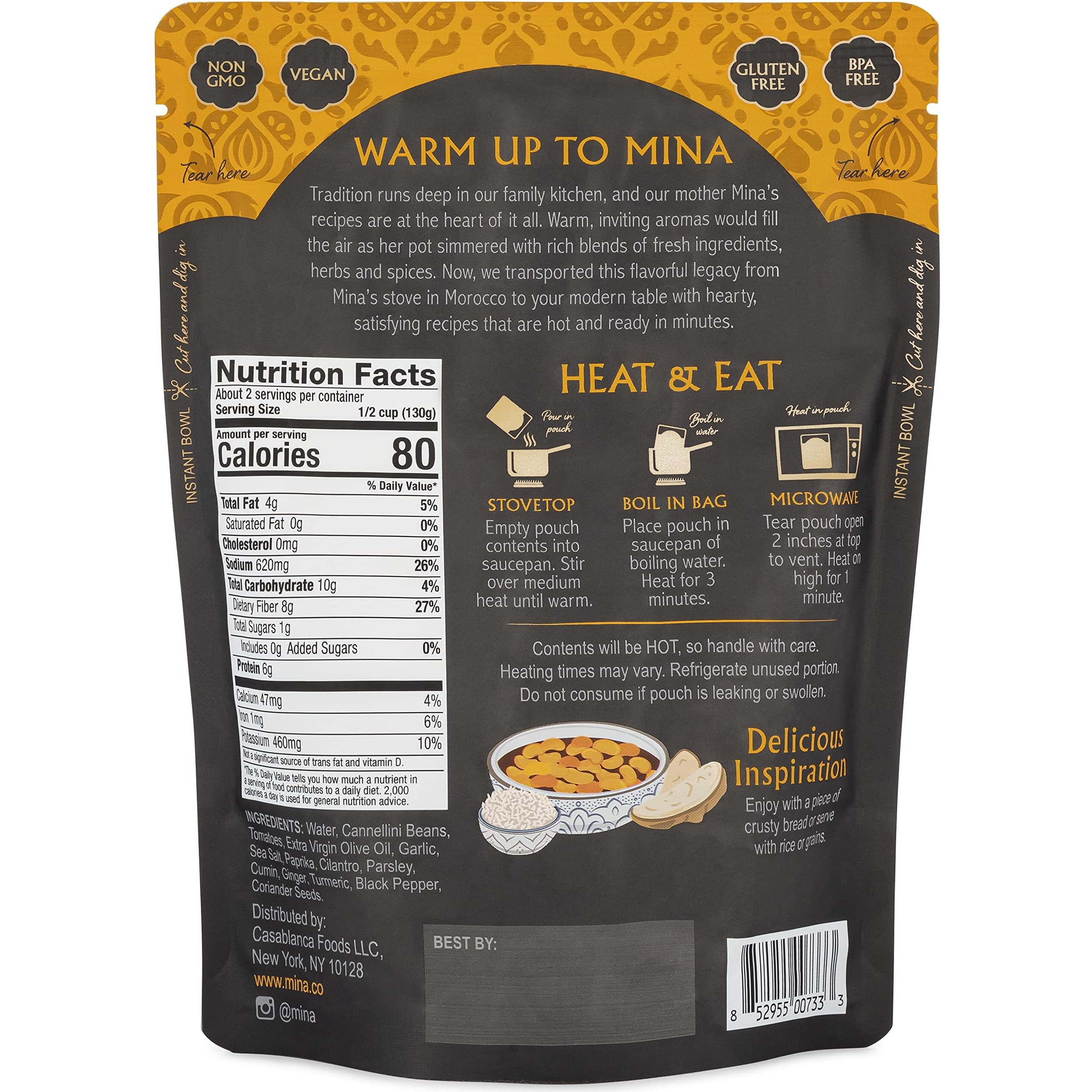 Mina Moroccan White Beans, Cannellini Beans, 10 Oz (Pack Of 6) Ready To Eat, Plant Protein, Vegan, Non-Gmo, Gluten Free Healthy Food, Microwave Meals Ready To Eat, Packaged Meals & Side Dishes, Kosher