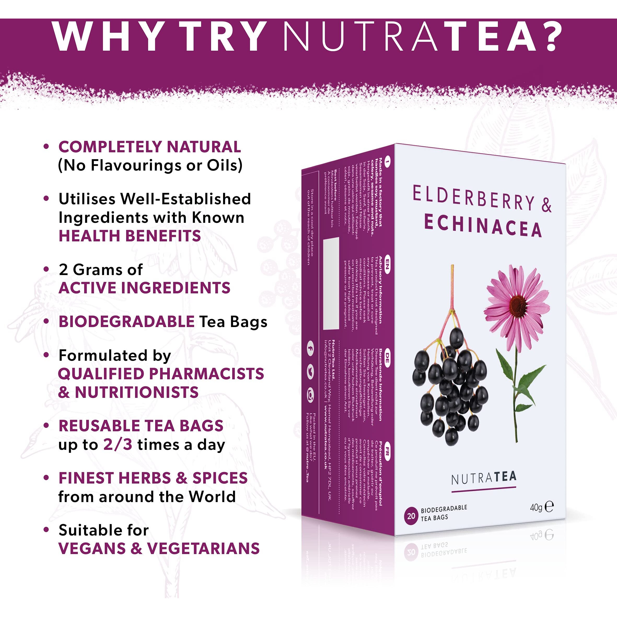 Nutra Tea - Elderberry & Echinacea Tea | Elderberry Tea - Immunity Tea | Immune Tea - 20 Tea Bags - Herbal Tea