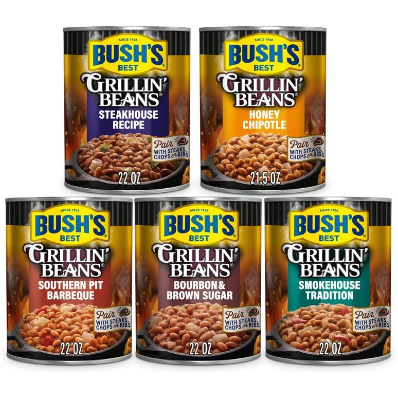 Bush's Best Grillin' Beans Variety Pack, 5 Flavors, 1 Of Each Flavor (Smokehouse Tradition 22Oz, Southern Pit Barbecue 22Oz, Steakhouse Recipe 22Oz, Bourbon & Brown Sugar 22Oz, Honey Chipotle 21.5Oz)