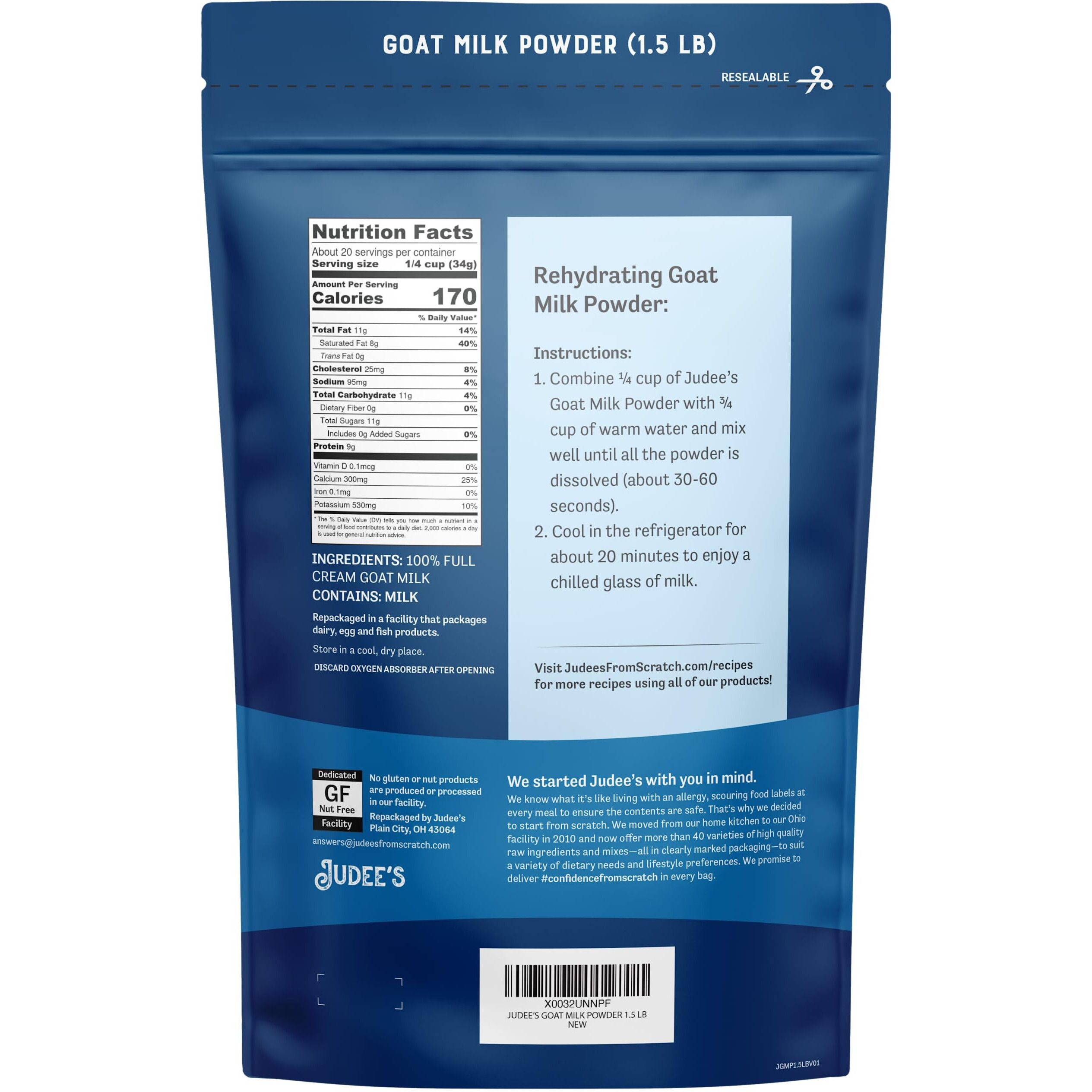 Judee's Goat Milk Powder 1.5 Lb - Blends Well In Smoothies And Great For Baking - Convenient For Travel, Hiking, And Camping - Non-Gmo, Gluten-Free And Nut-Free