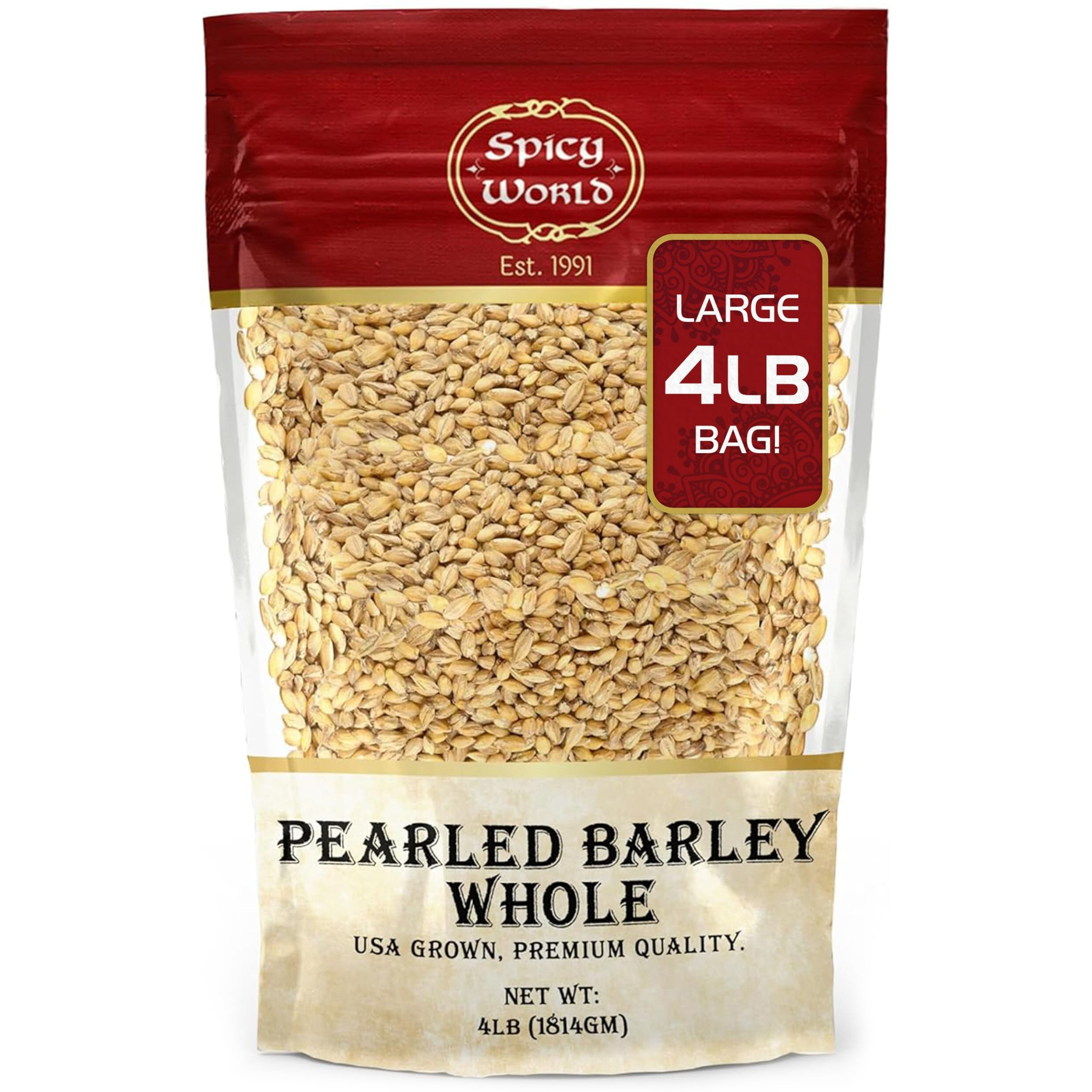Spicy World Pearl Barley (Whole) Grain 4 Lb Jumbo Bag - Usa Grown (64Oz) - All Natural, Non-Gmo Source, Resealable