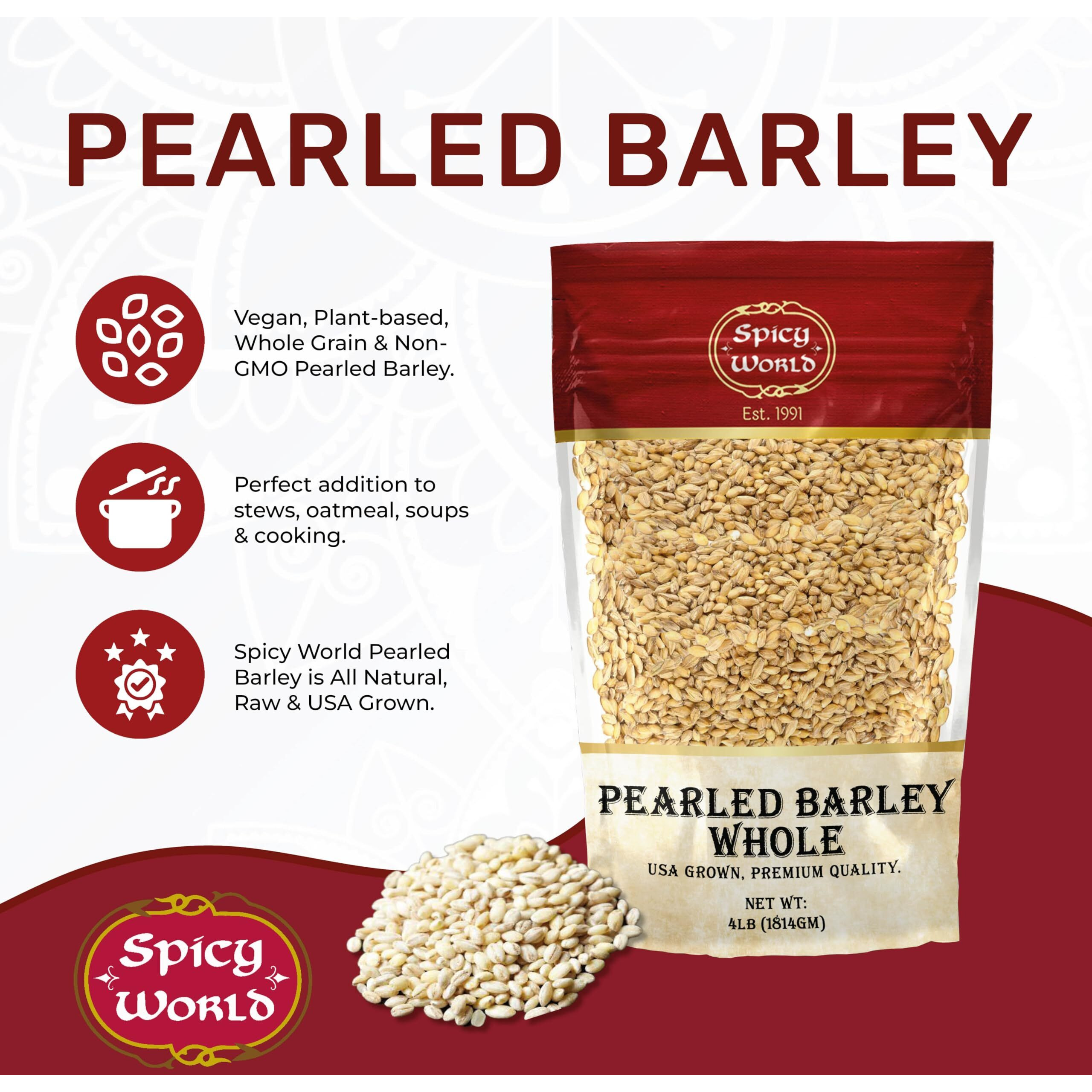 Spicy World Pearl Barley (Whole) Grain 4 Lb Jumbo Bag - Usa Grown (64Oz) - All Natural, Non-Gmo Source, Resealable