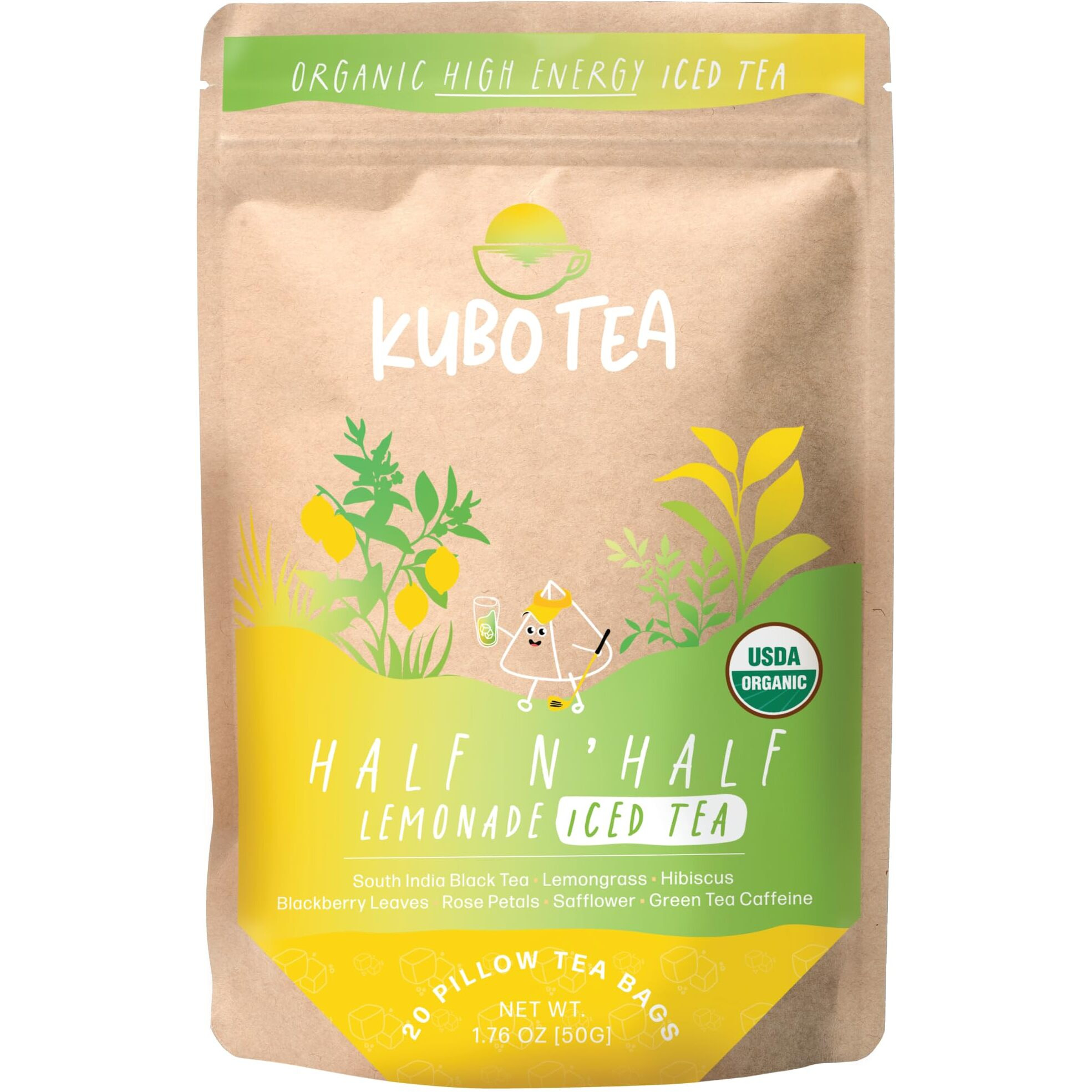 Kubo Tea, Organic High Energy Ice Tea, High Caffeine Blend, 20 Servings (155Mg Caffeine Each), Pillow Tea Bags, Kraft Packaging, Healthy Coffee Substitute (Half & Half Lemonade)