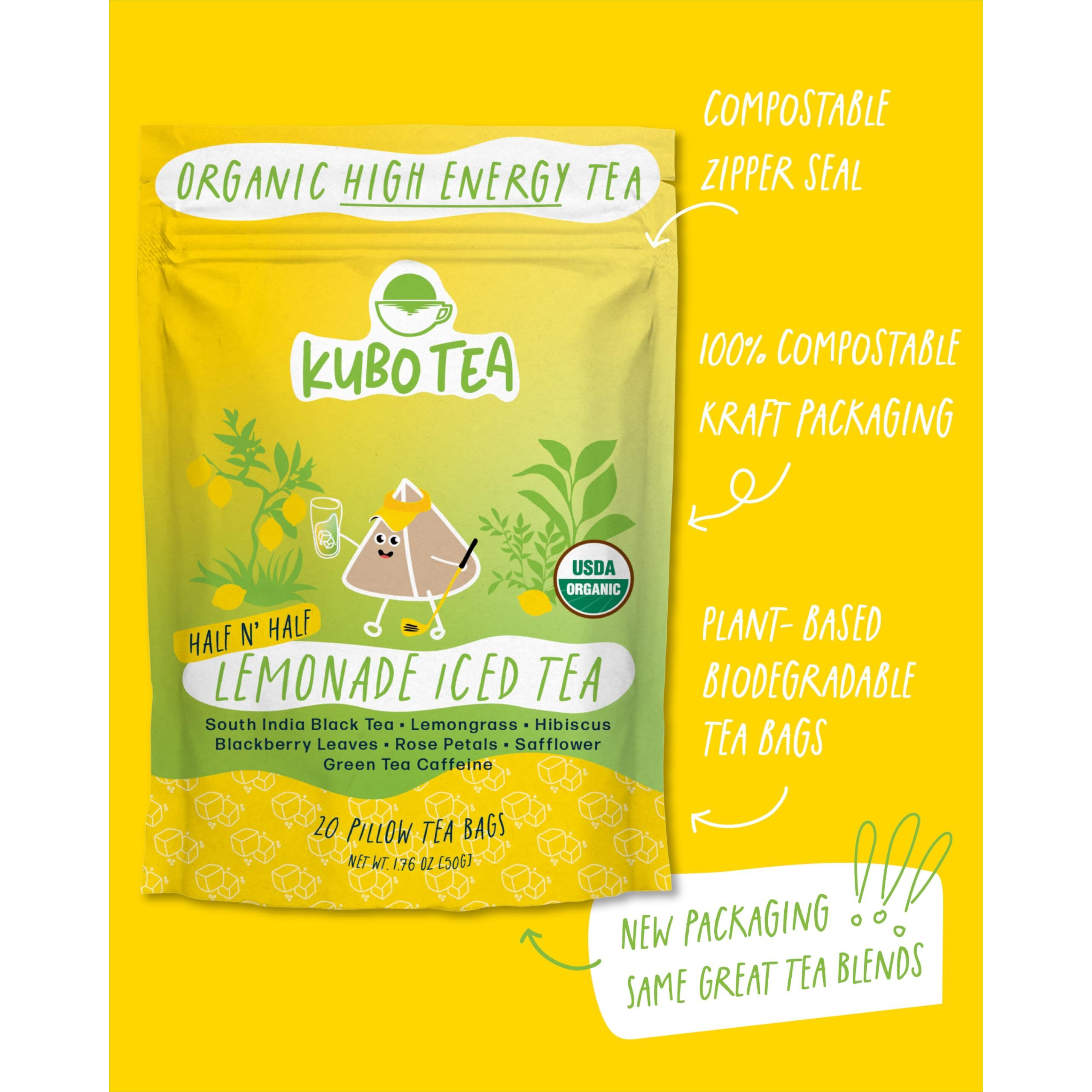Kubo Tea, Organic High Energy Ice Tea, High Caffeine Blend, 20 Servings (155Mg Caffeine Each), Pillow Tea Bags, Kraft Packaging, Healthy Coffee Substitute (Half & Half Lemonade)