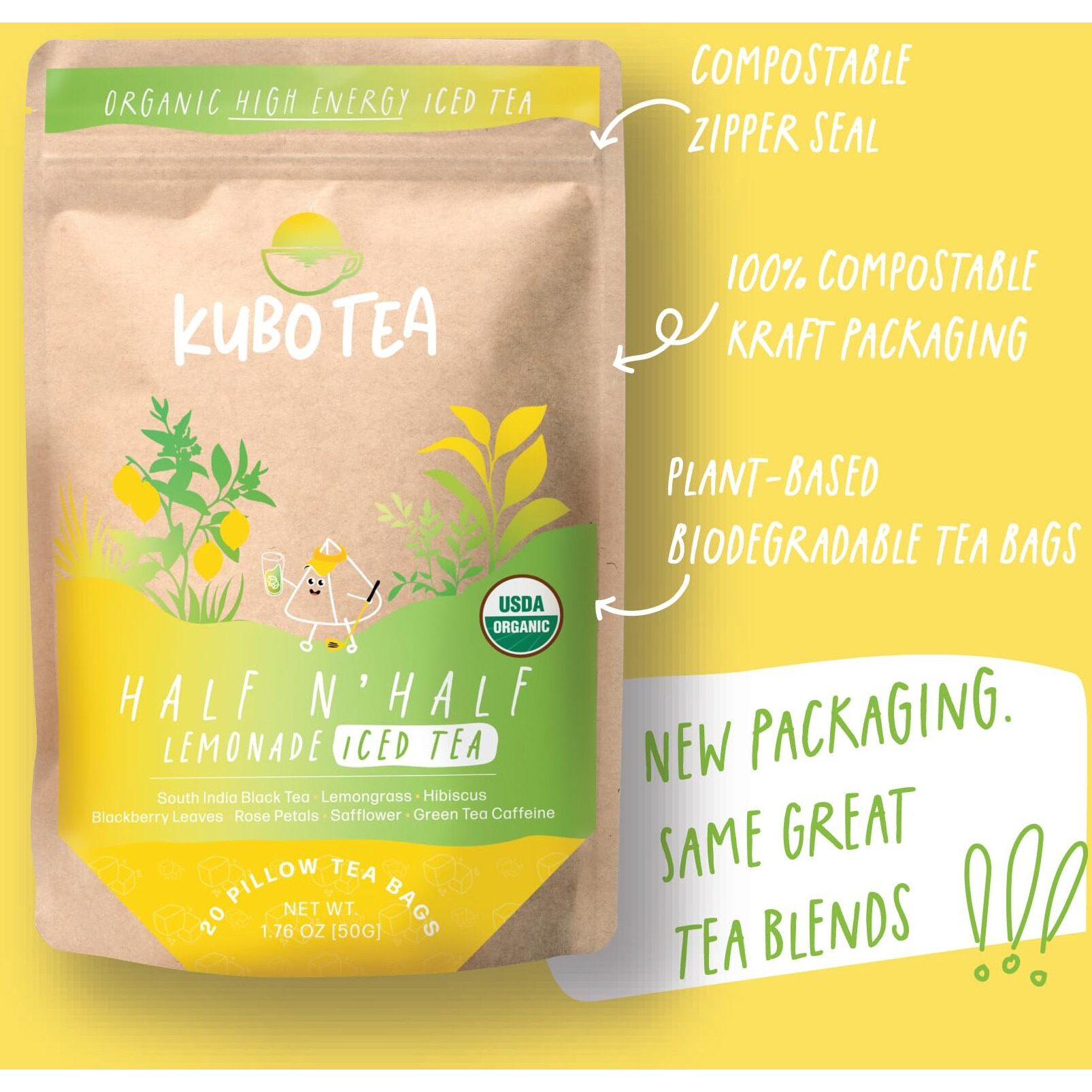 Kubo Tea, Organic High Energy Ice Tea, High Caffeine Blend, 20 Servings (155Mg Caffeine Each), Pillow Tea Bags, Kraft Packaging, Healthy Coffee Substitute (Half & Half Lemonade)