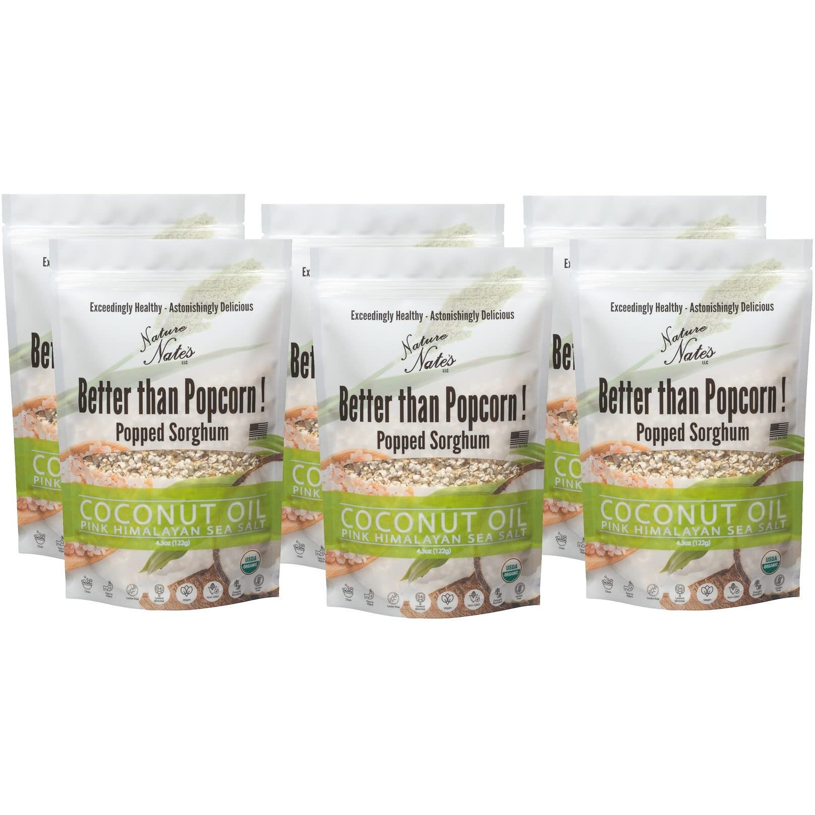 Nature Nates Popped Sorghum, Coconut Oil & Pink Himalayan Sea Salt - Organic, Keto & Gluten Free, Healthy Snacks, Better Than Popcorn, Made In Usa - 4.3 Ounce (Pack Of 6)